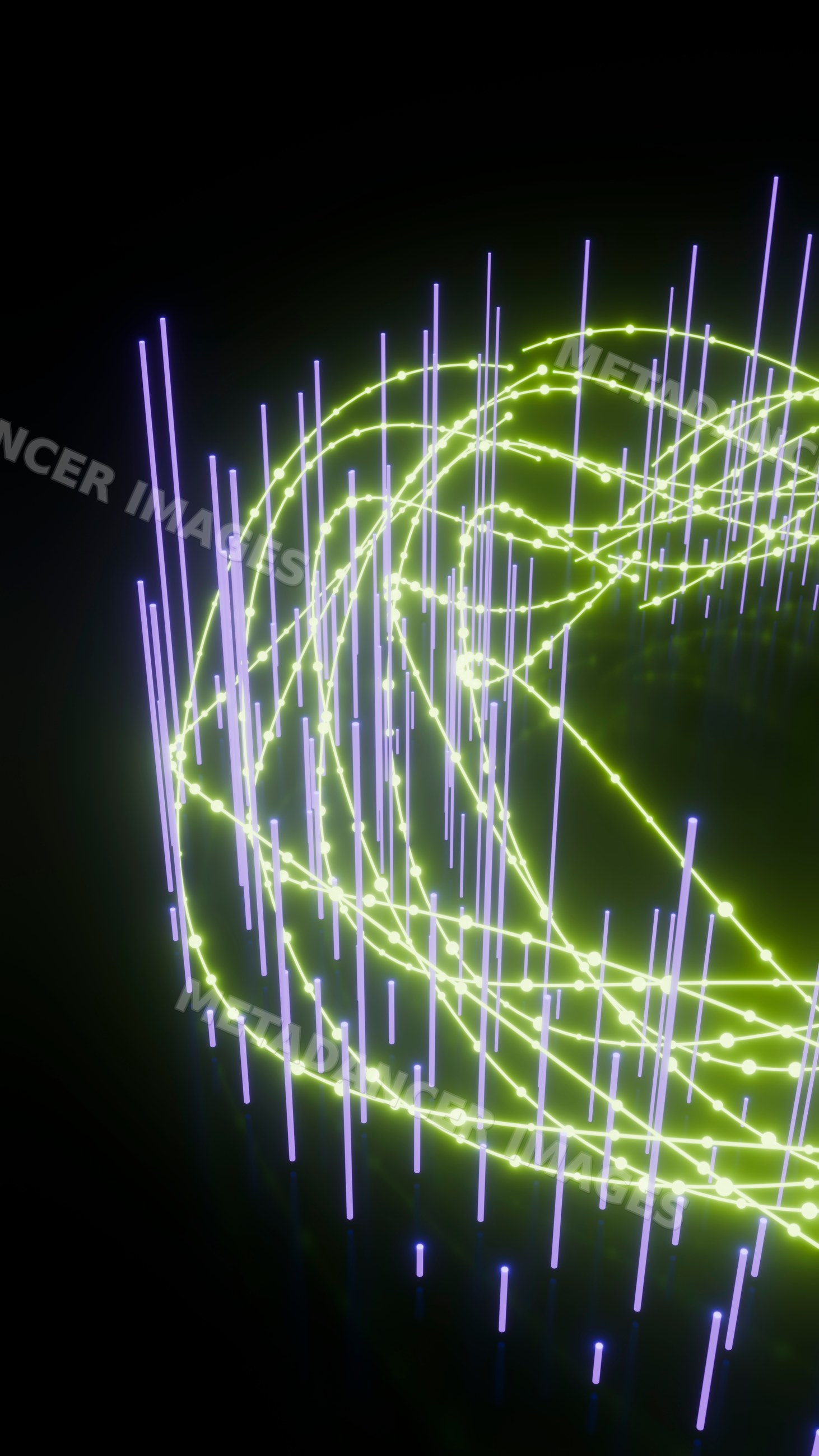 Digital data visualization with neon lines and vertical bars