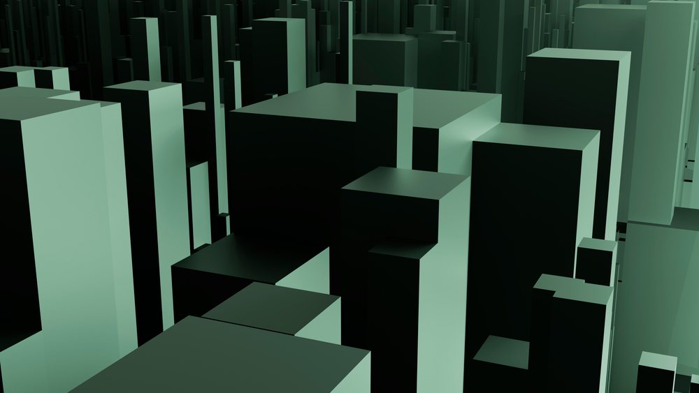Abstract 3d green blocks forming modern cityscape digital illustration