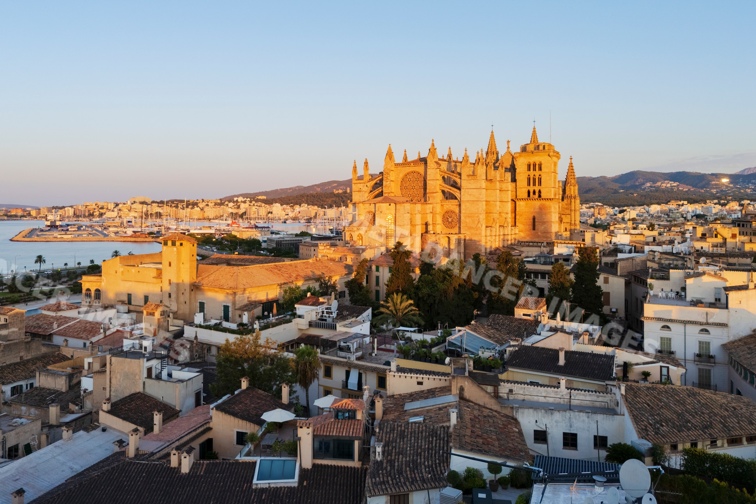 Cathedral of Palma de Mallorca illuminated at sunset with city view