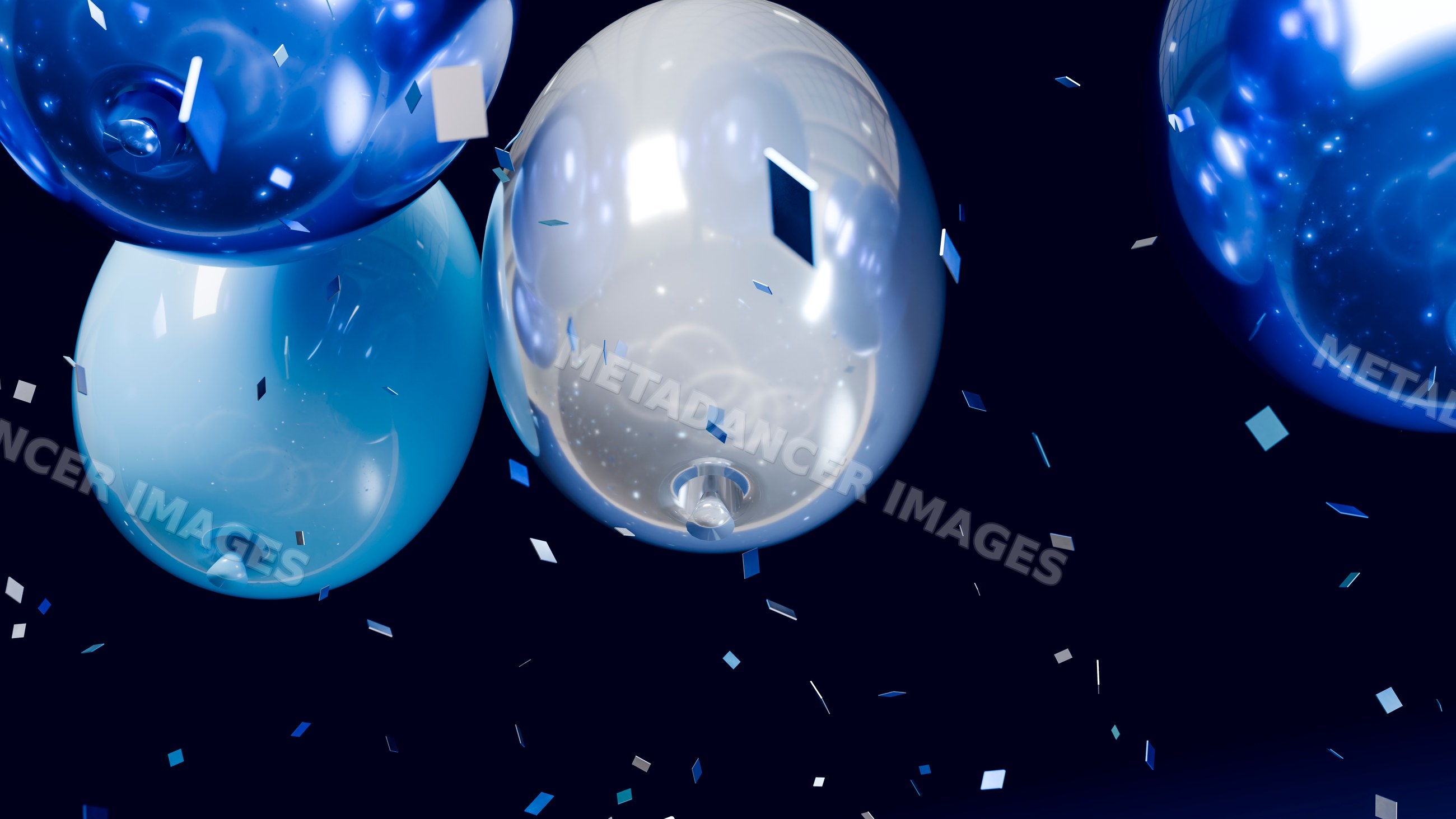 Blue and silver balloons with multi-colored confetti