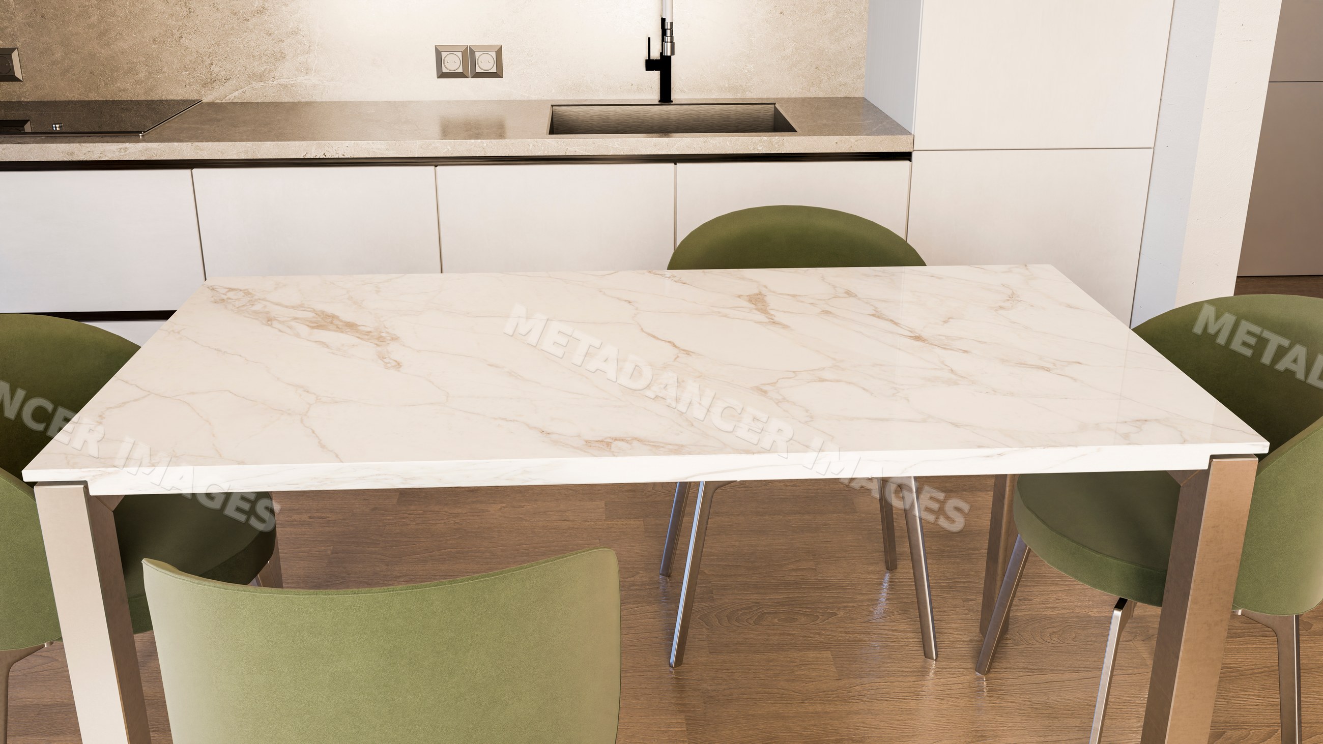 Modern kitchen with marble dining table and green chairs