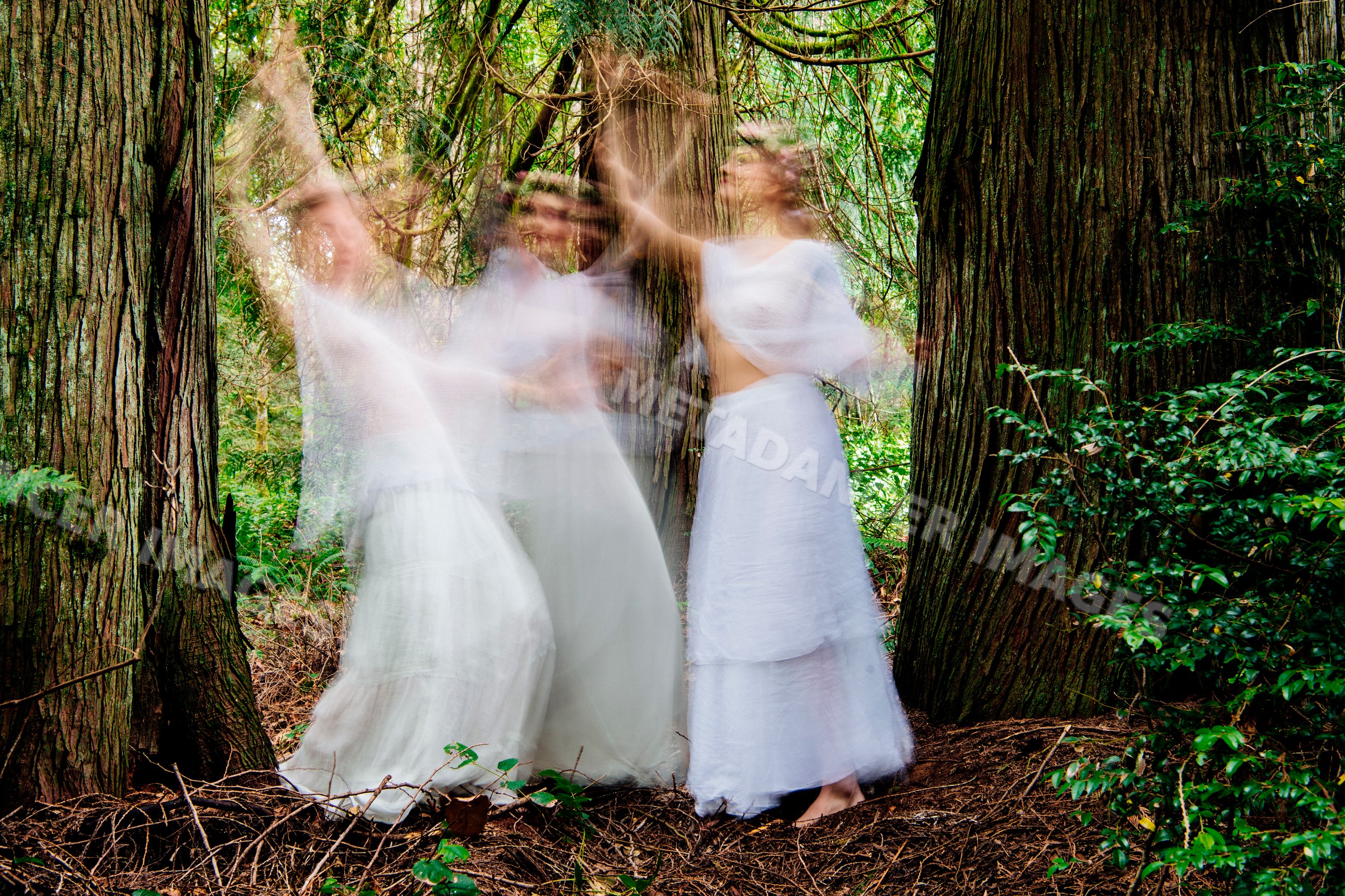 White women dancing with motion blur in a forest