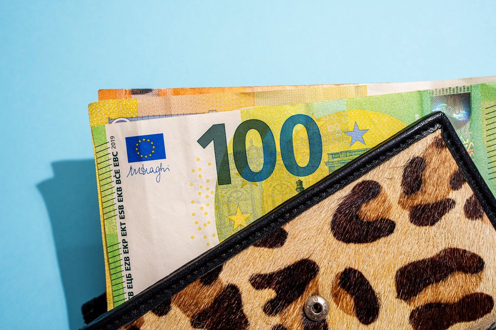 Euro currency notes in leopard print wallet