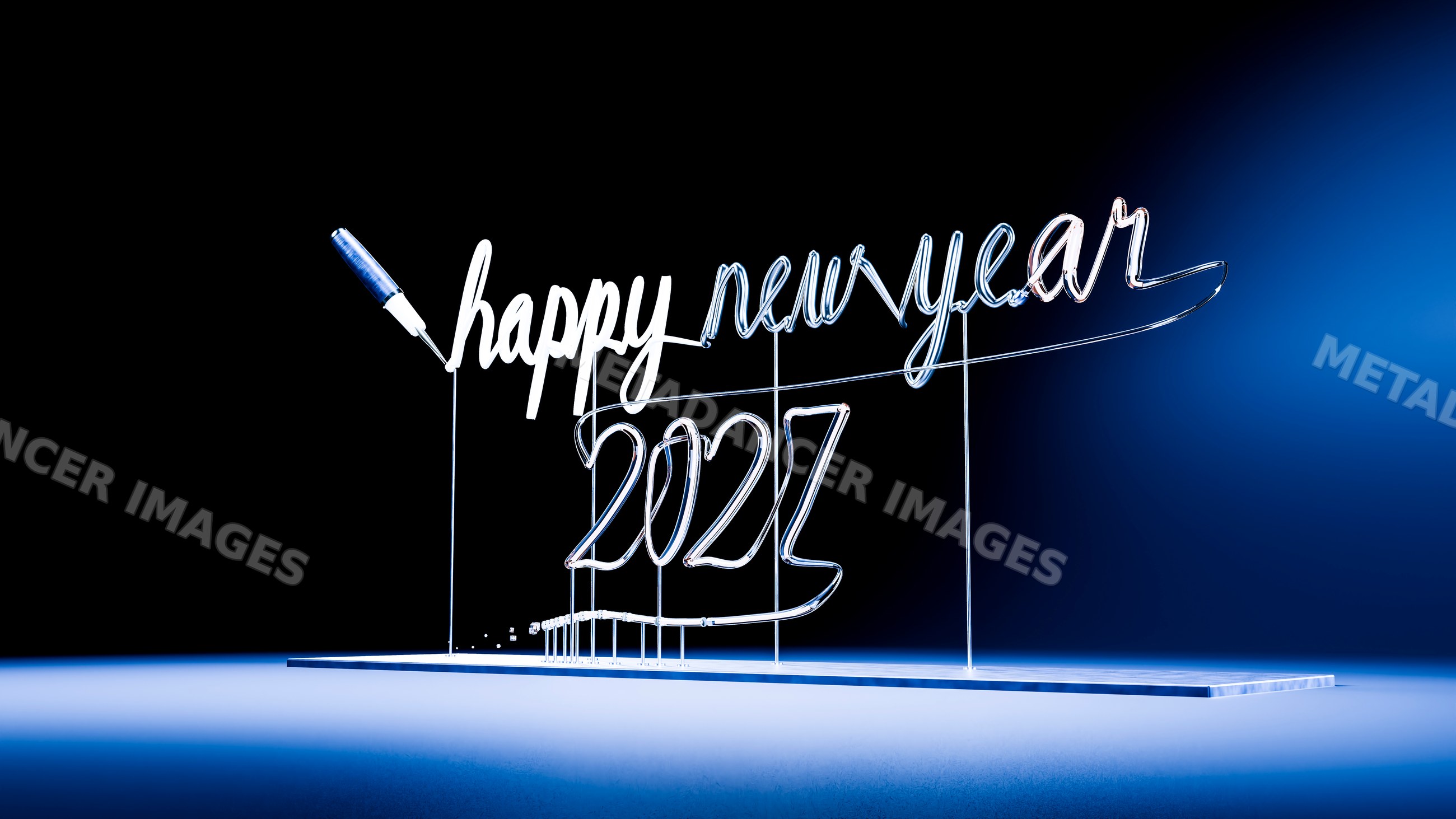 Neon light sign happy new year 2027 with pen on blue background