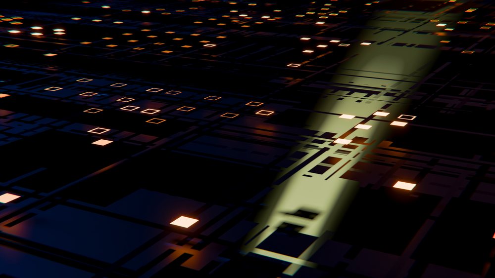 Glowing digital circuit board with illuminated electronic components