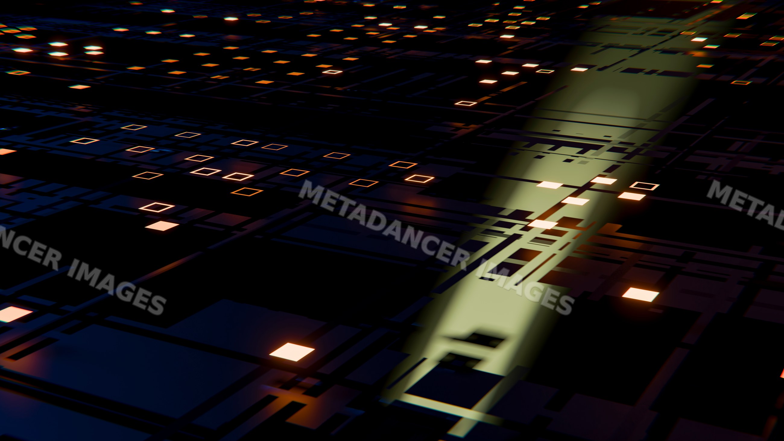 Glowing digital circuit board with illuminated electronic components