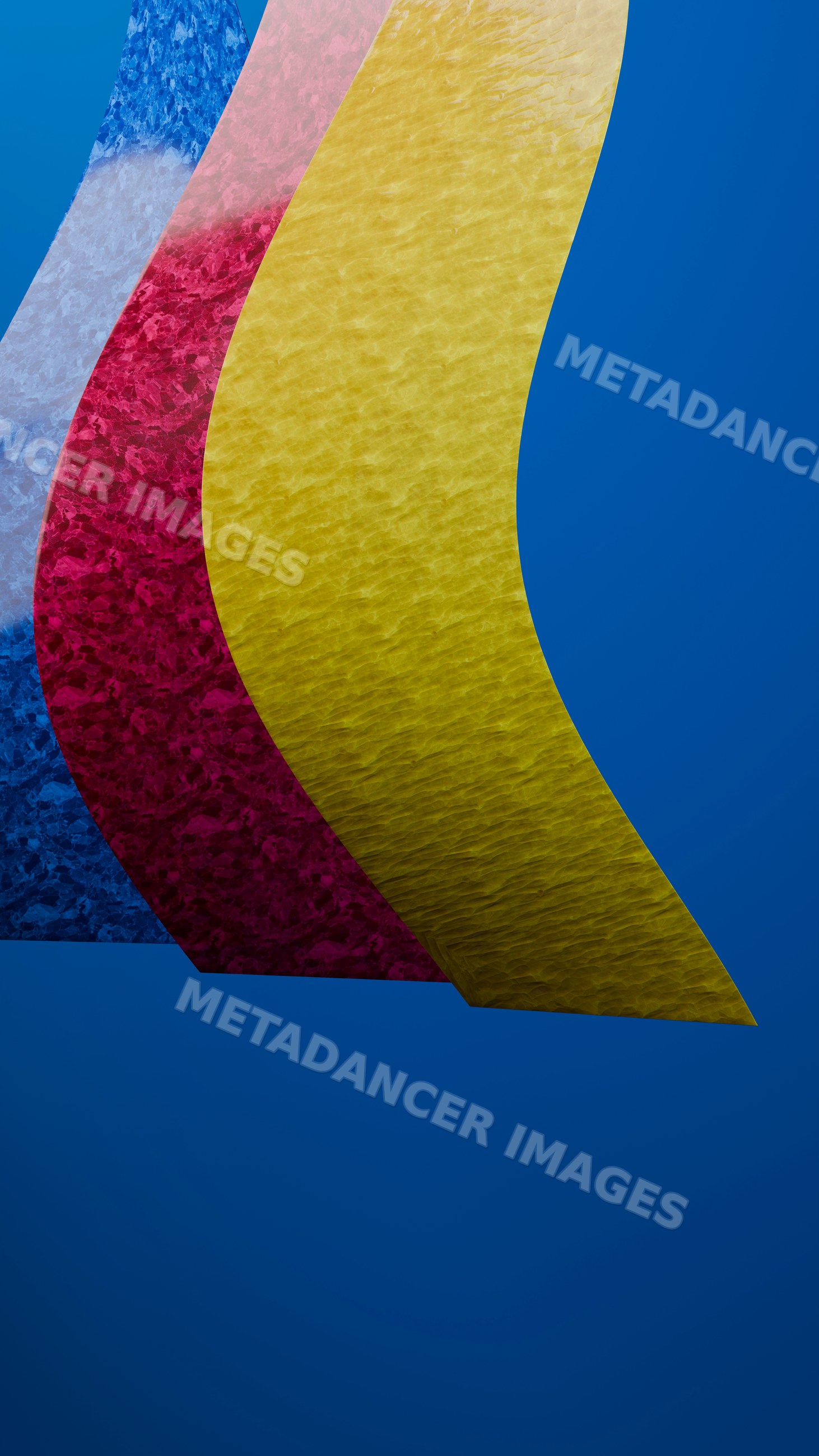 Three colorful abstract textured sheets against blue background