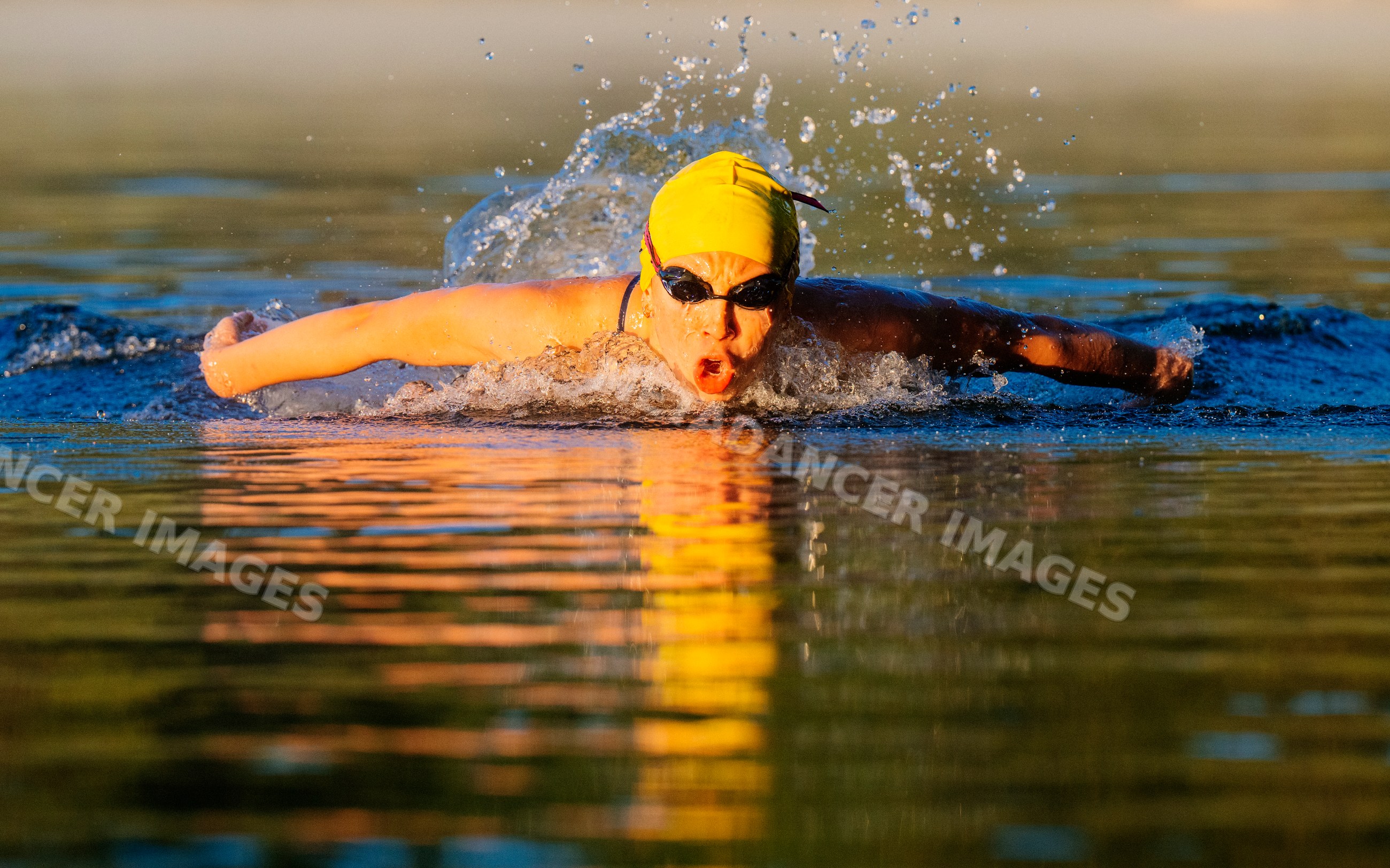 White swimmer performing butterfly stroke in open water