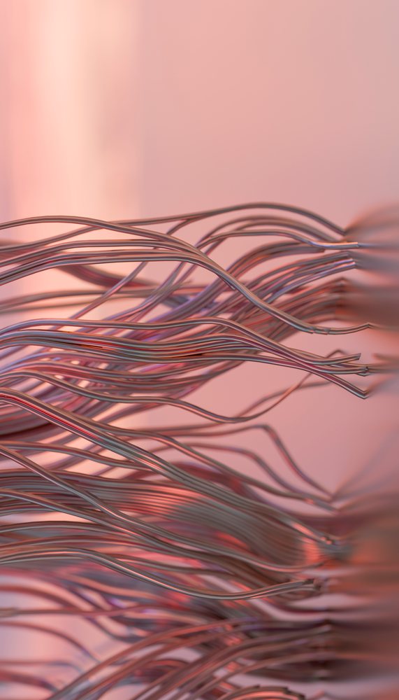 Close-up of copper electrical wires stripped and separated in a bundle