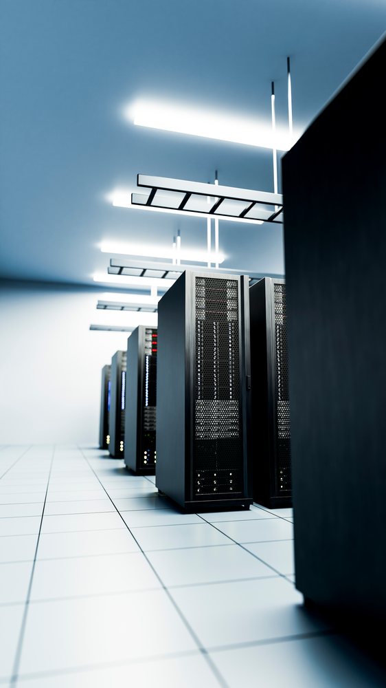 Server racks in a modern data center room