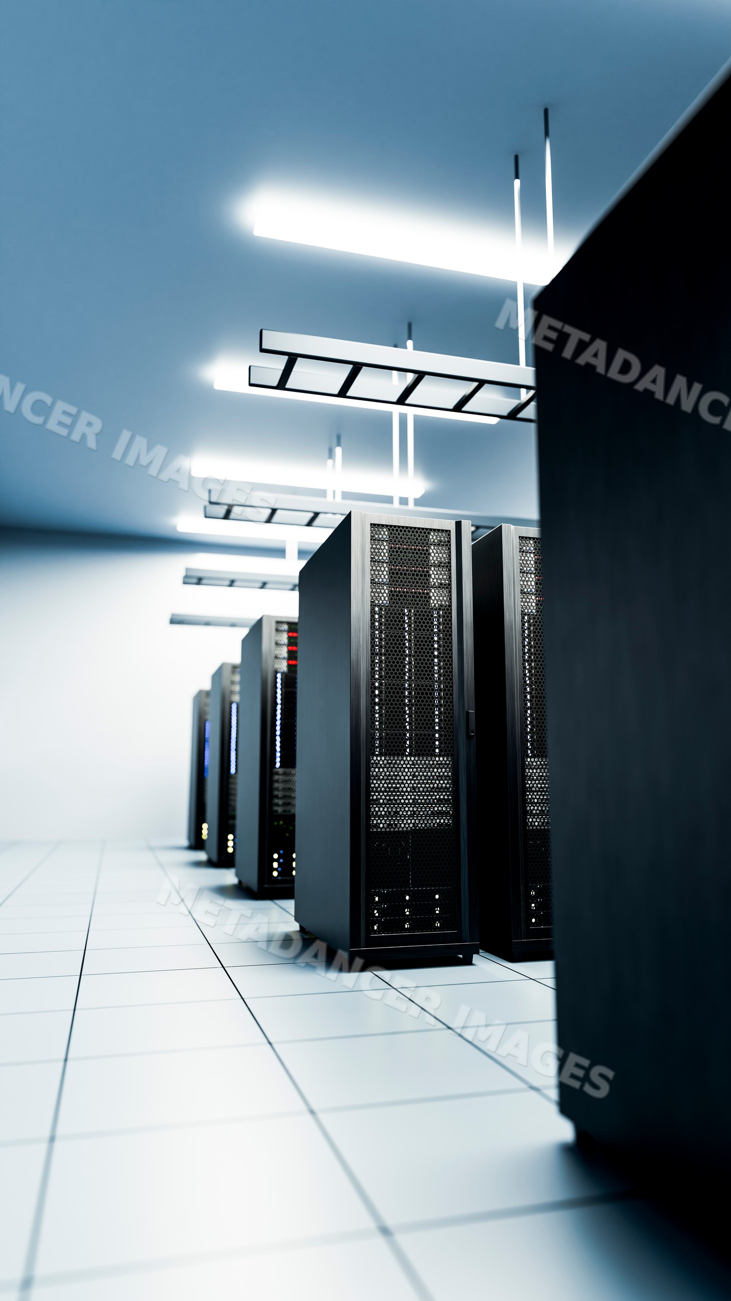 Server racks in a modern data center room