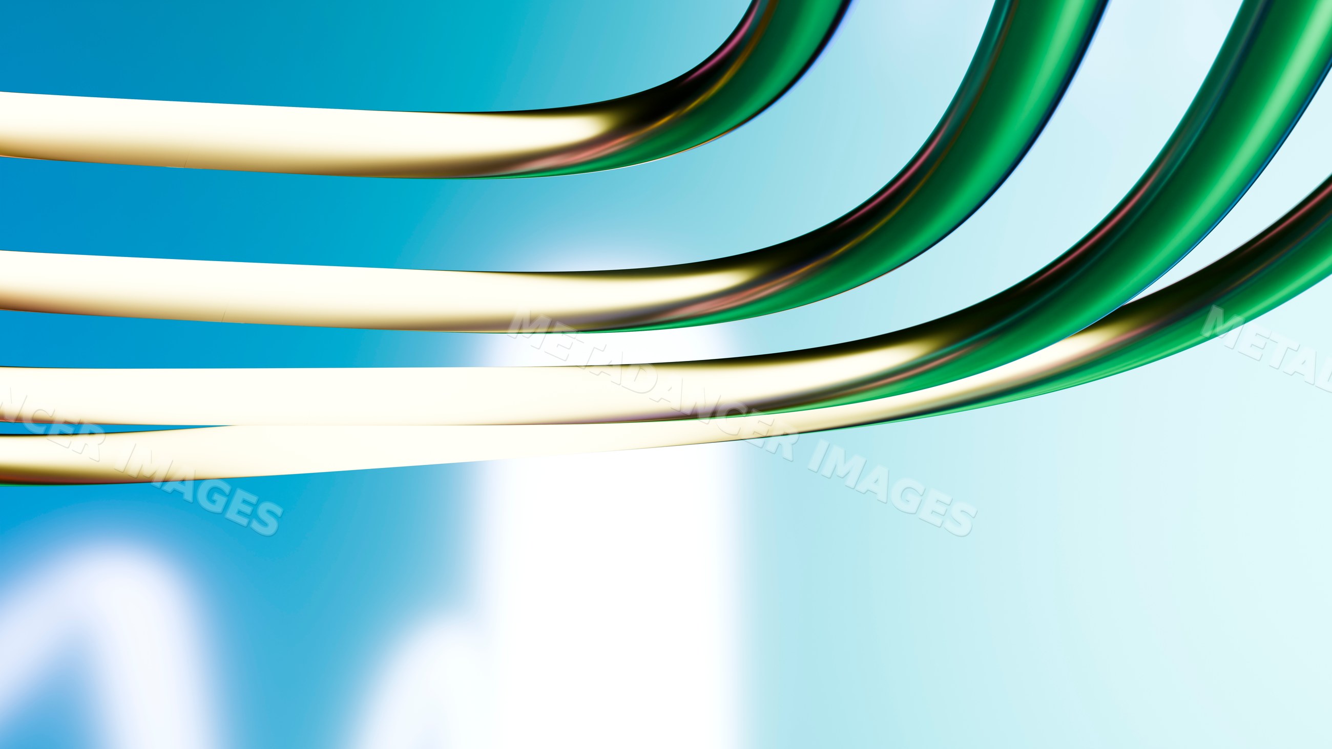 Abstract curved green and gold tubes with shiny reflections