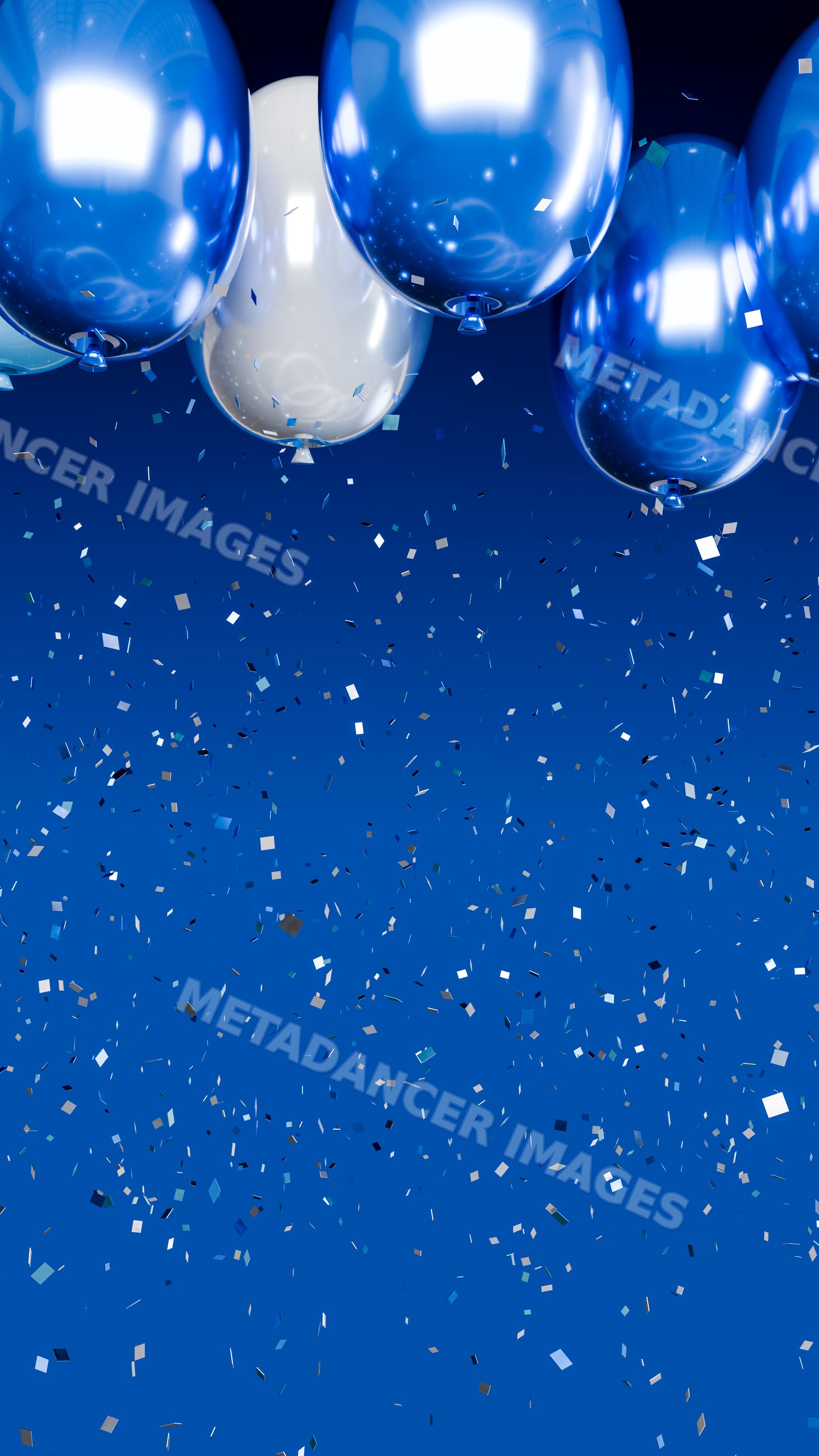 Blue and white balloons with confetti against a blue background