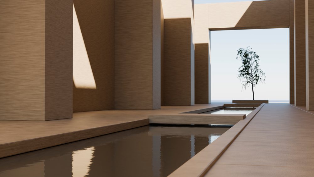Modern architecture featuring a reflecting pool and solitary tree