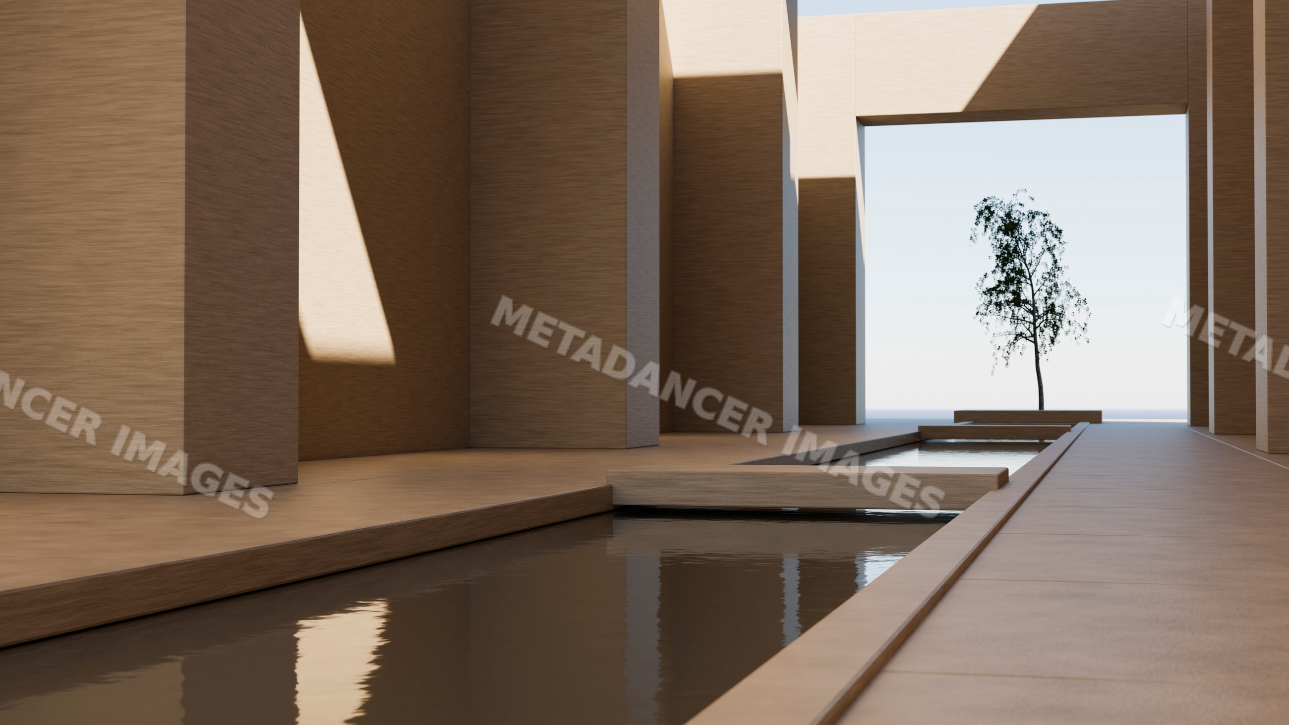 Modern architecture featuring a reflecting pool and solitary tree