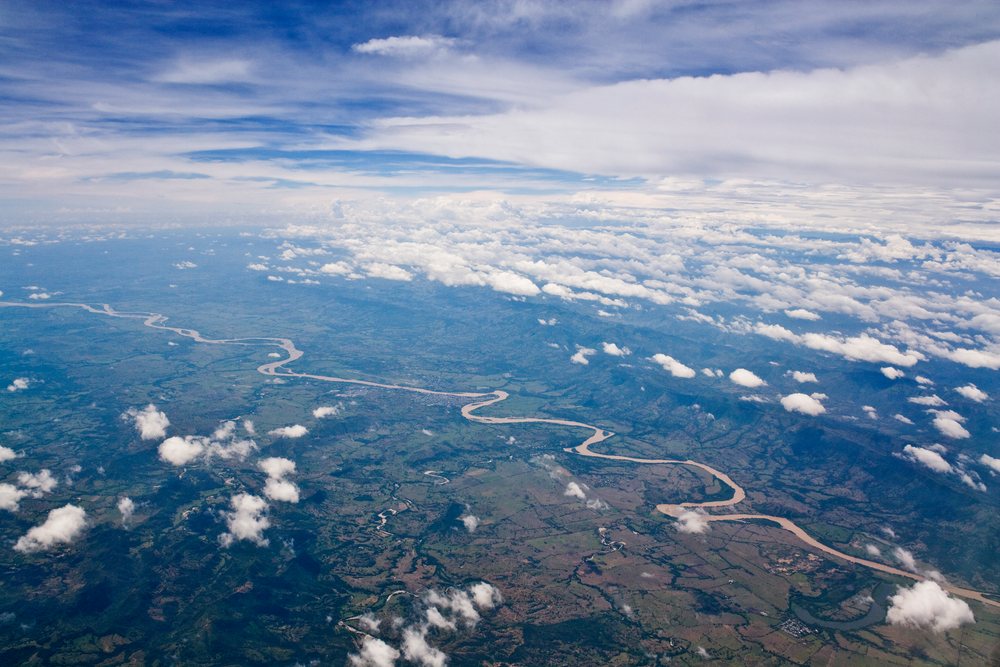 Aerial view of river winding through landscape near bogota colombia