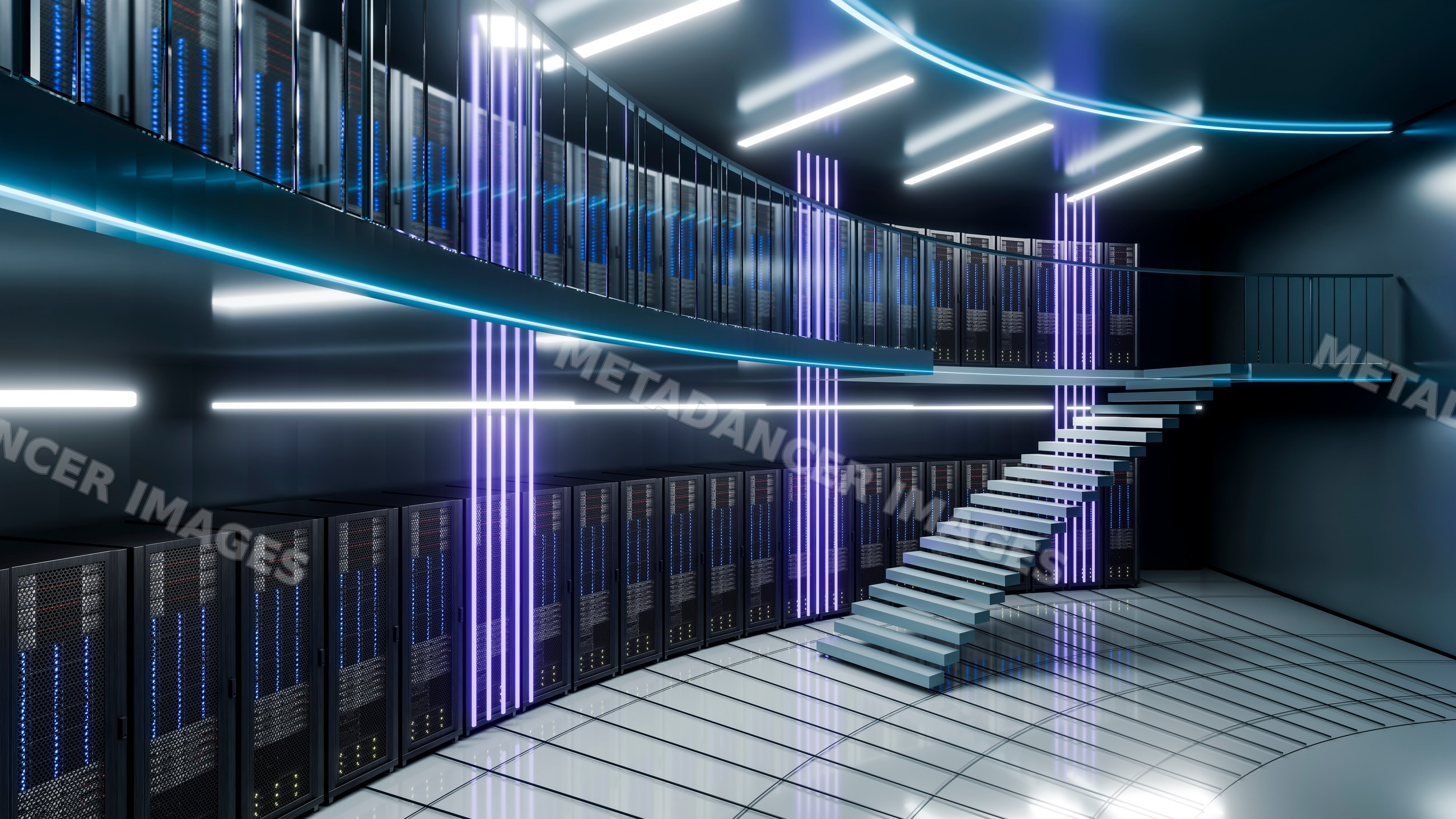 Modern data center interior with server racks and floating staircase