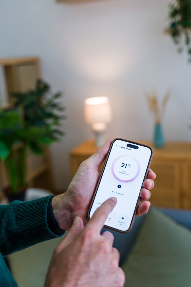 Hand holding smartphone adjusting room temperature
