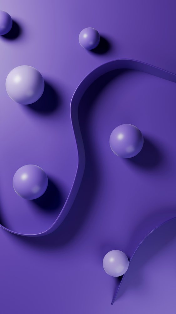 Abstract purple spheres with curved ribbon in minimalist design