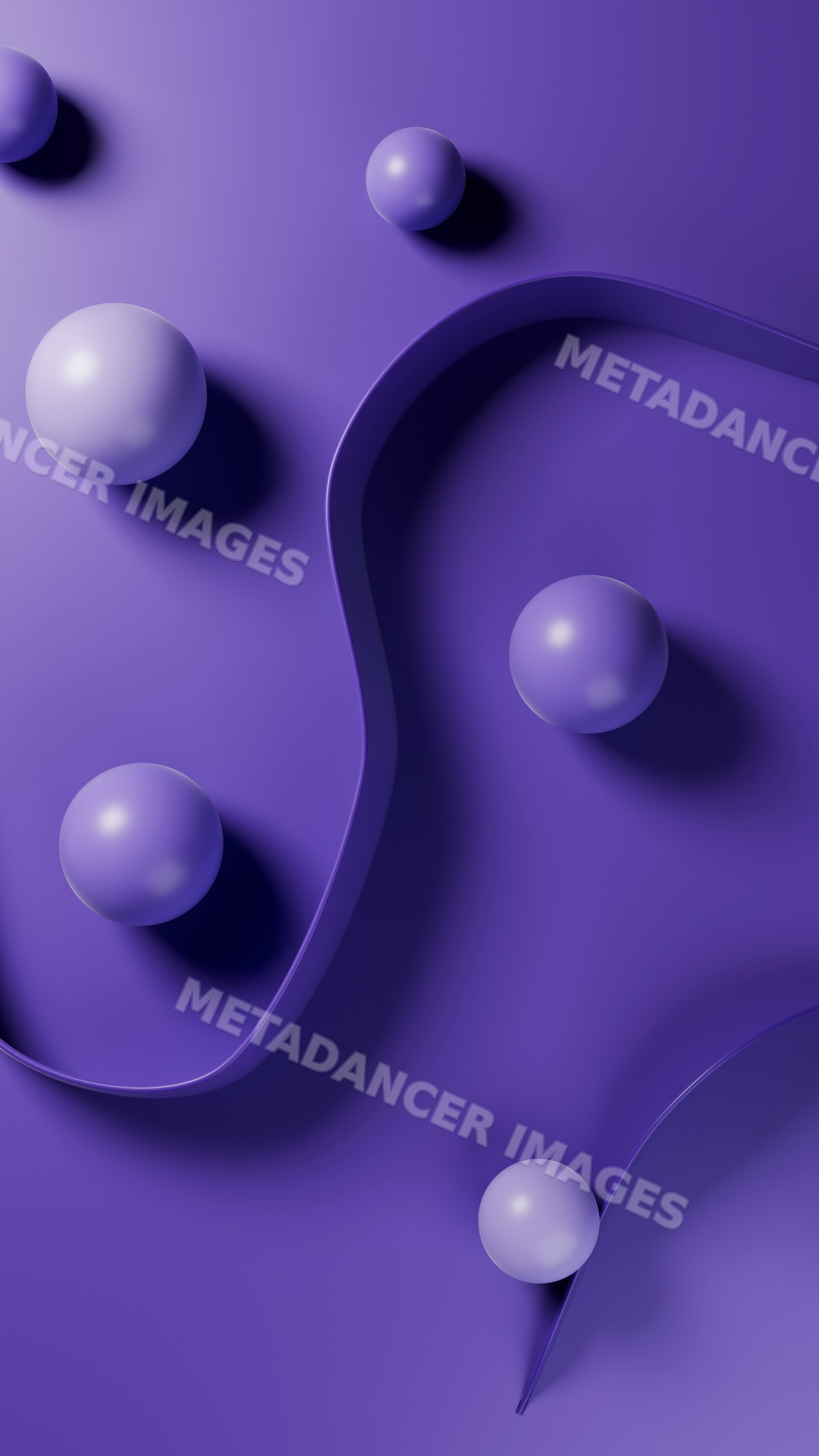 Abstract purple spheres with curved ribbon in minimalist design