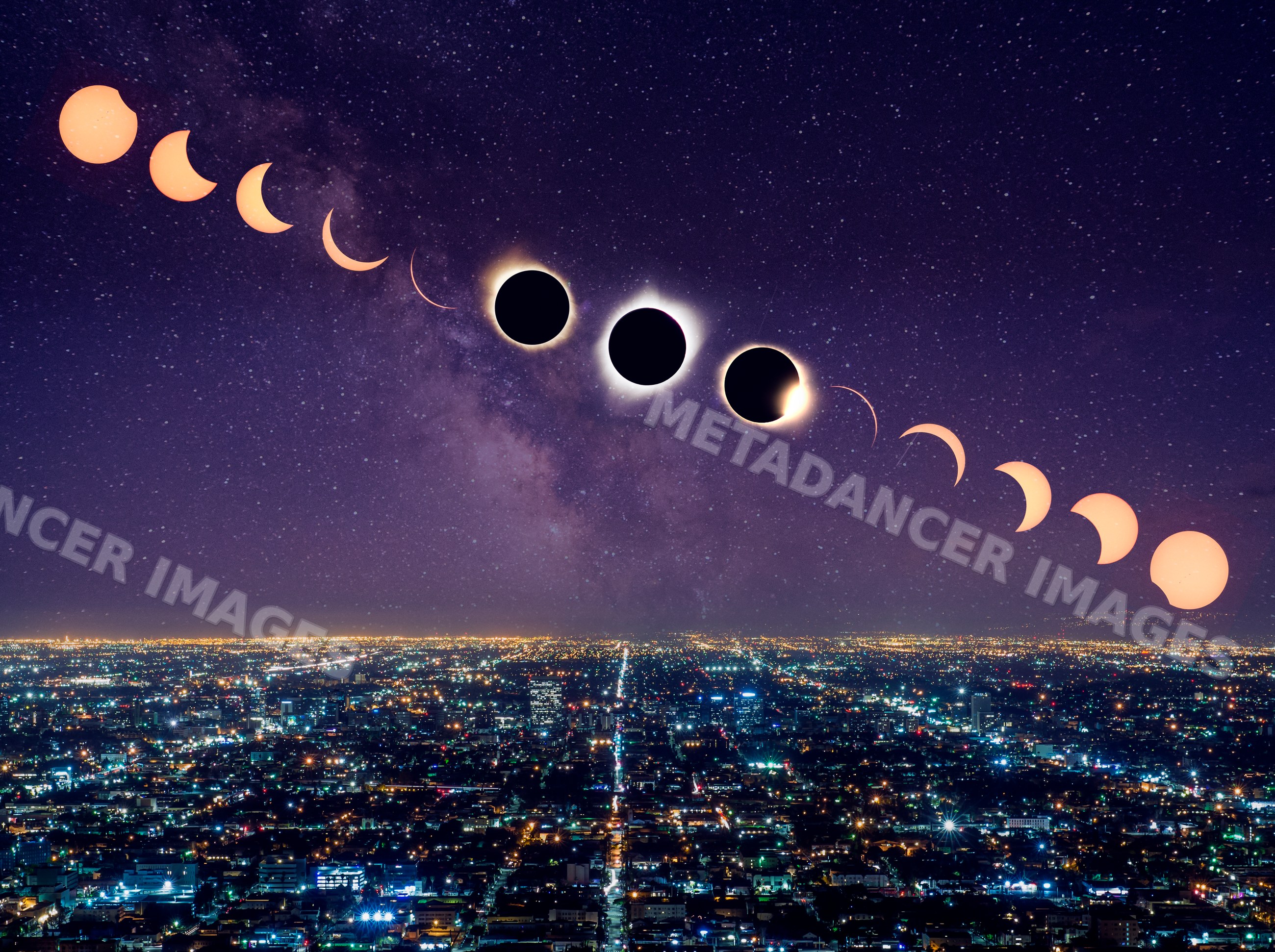 Solar eclipse sequence over Los Angeles night skyline with stars