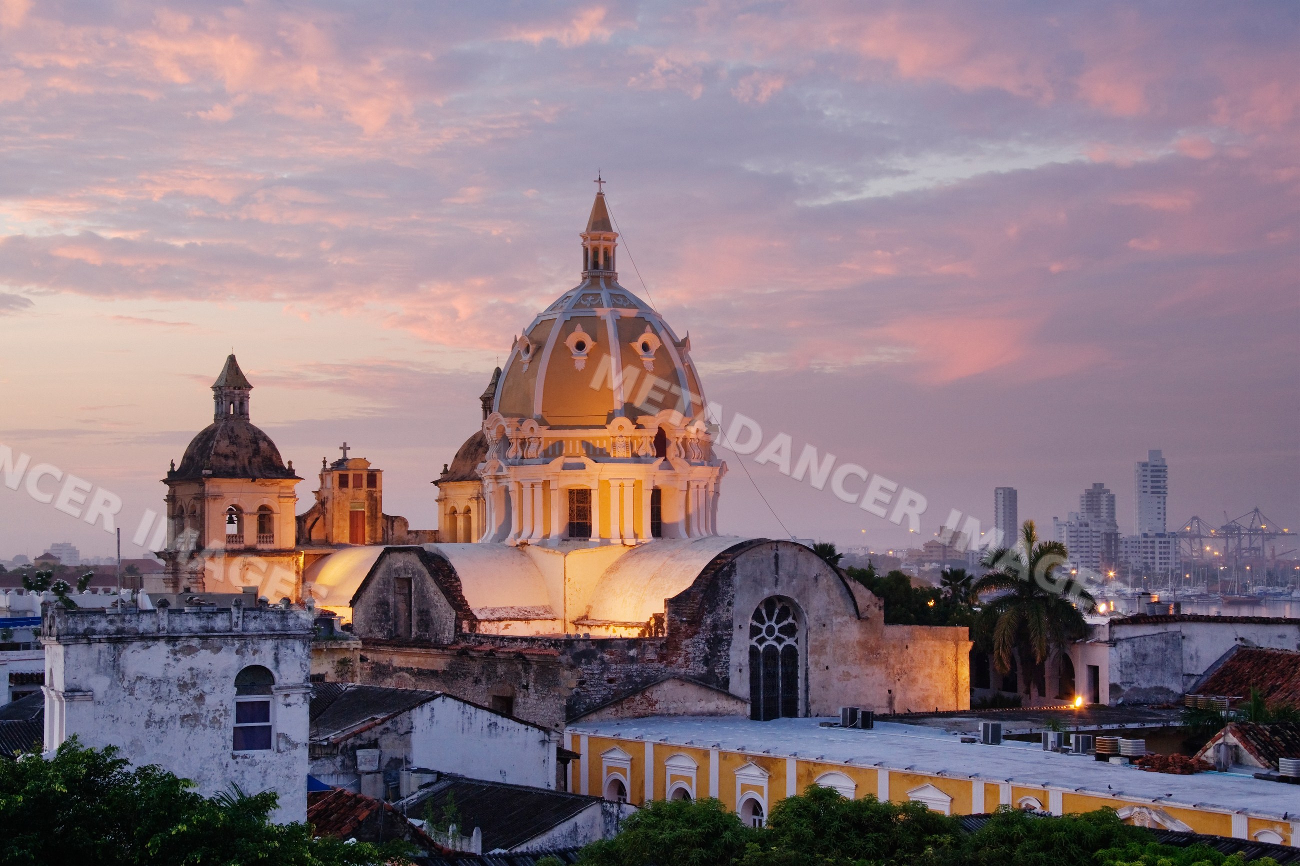 Iglesia de san pedro claver church dome at sunset colombia