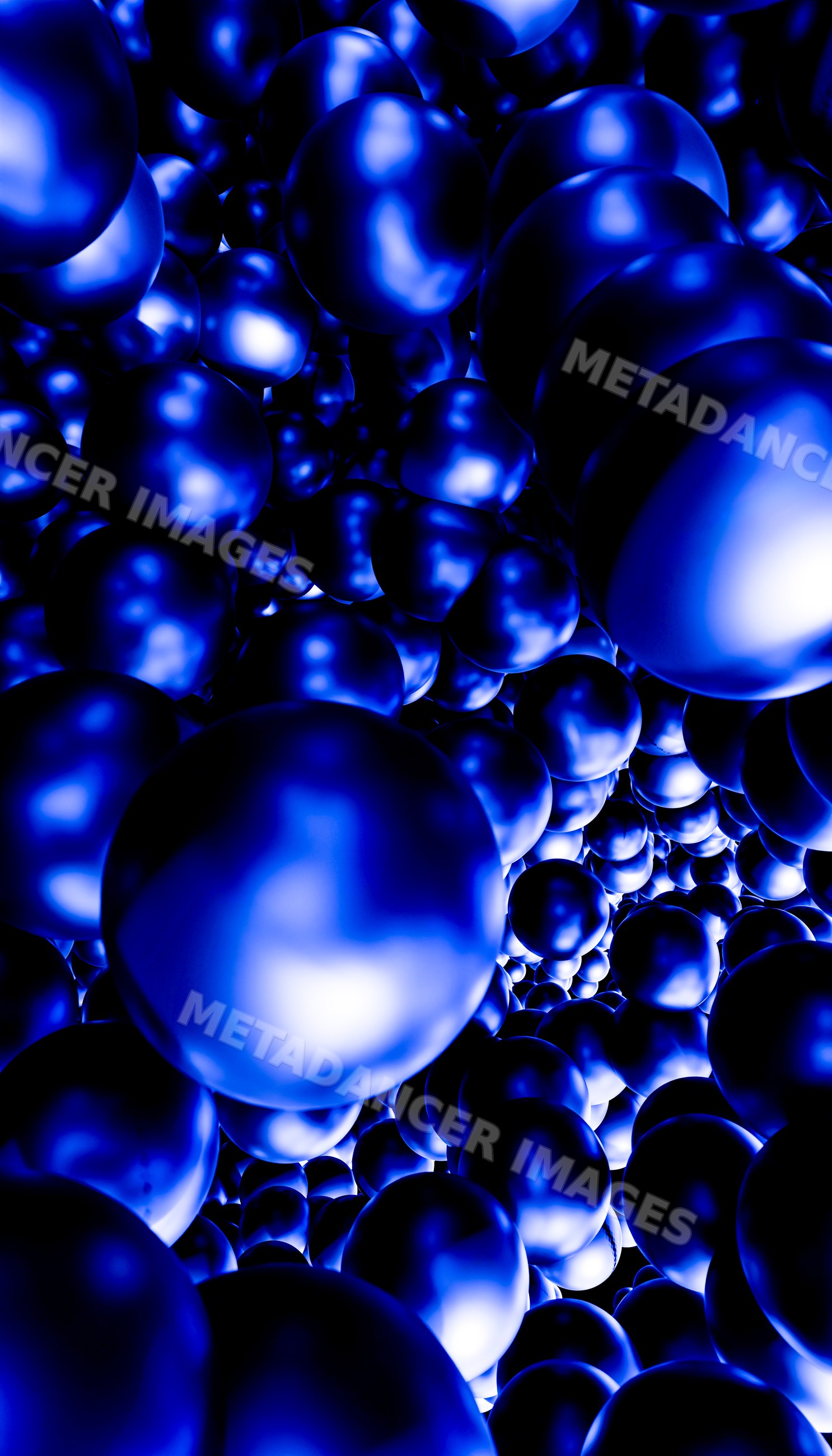 Digital abstract art with numerous reflective blue spheres clustered