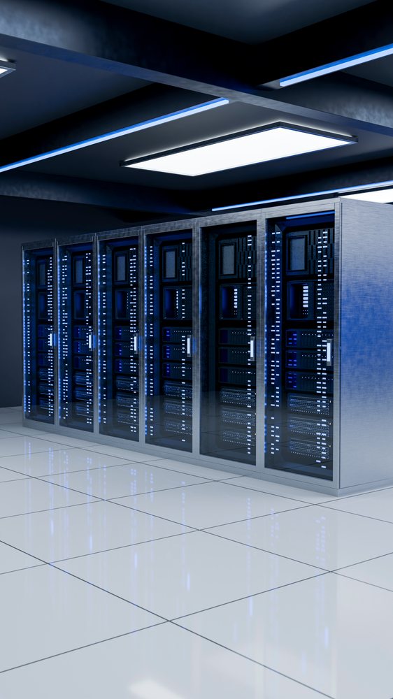 Server racks glowing blue lights in modern data center room