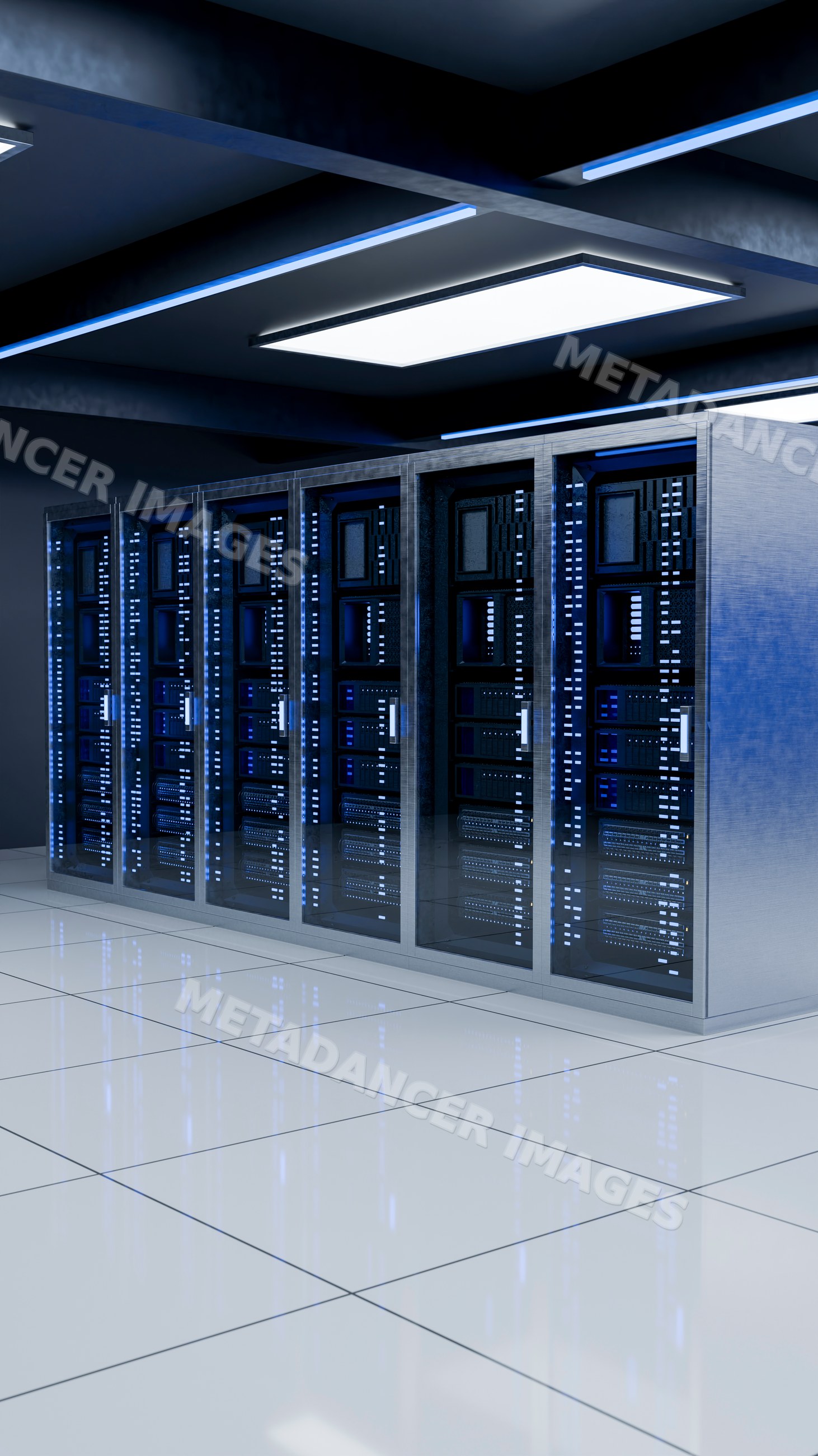 Server racks glowing blue lights in modern data center room