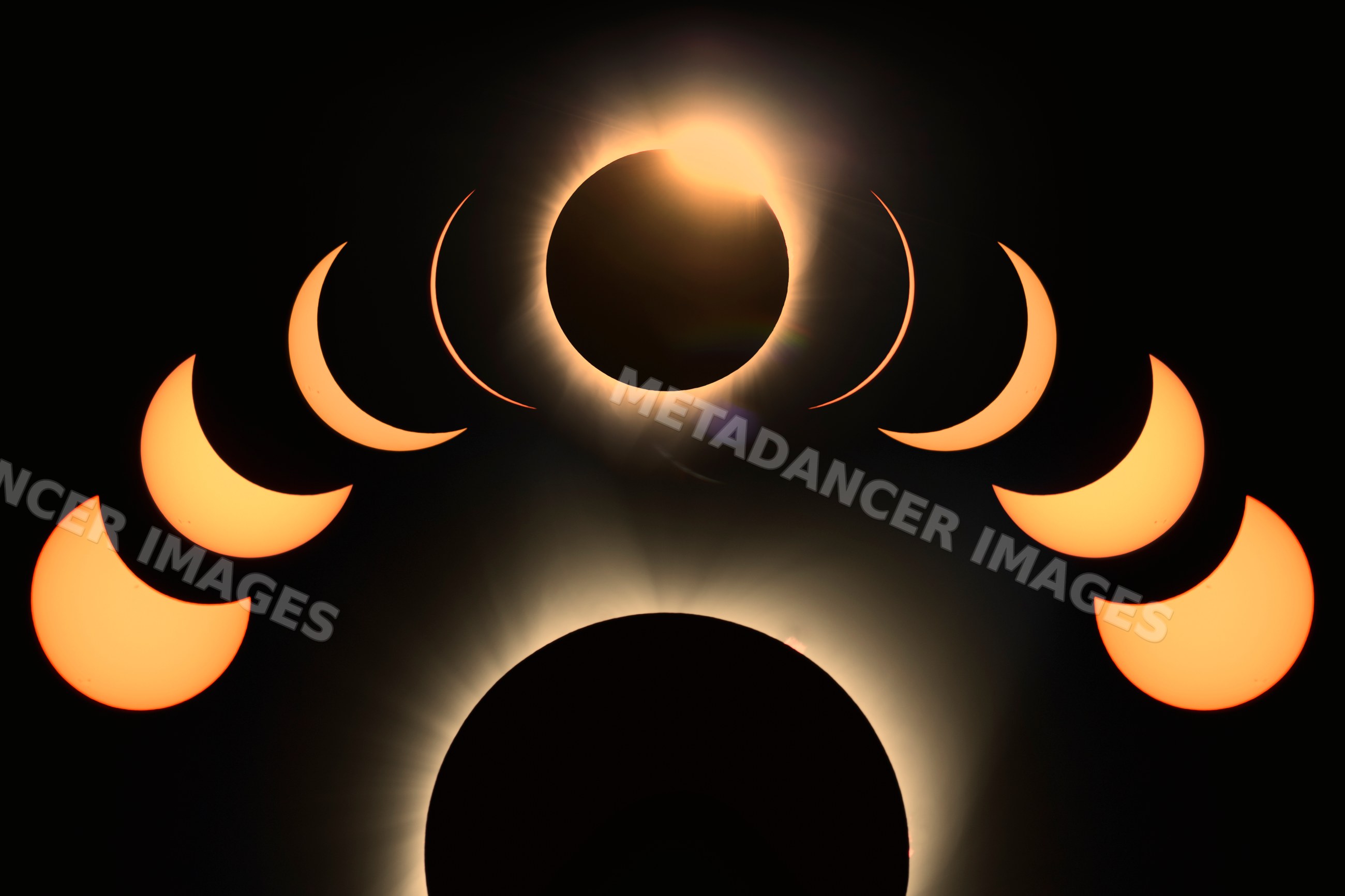 Phases of solar eclipse with visible solar corona