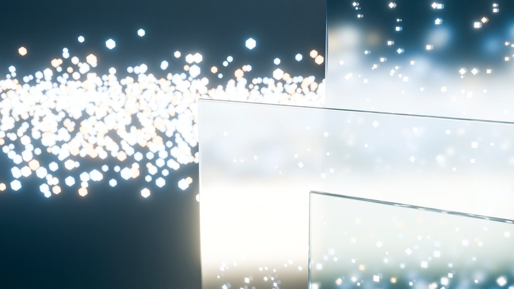 Abstract glowing particles and reflective glass panels digital art