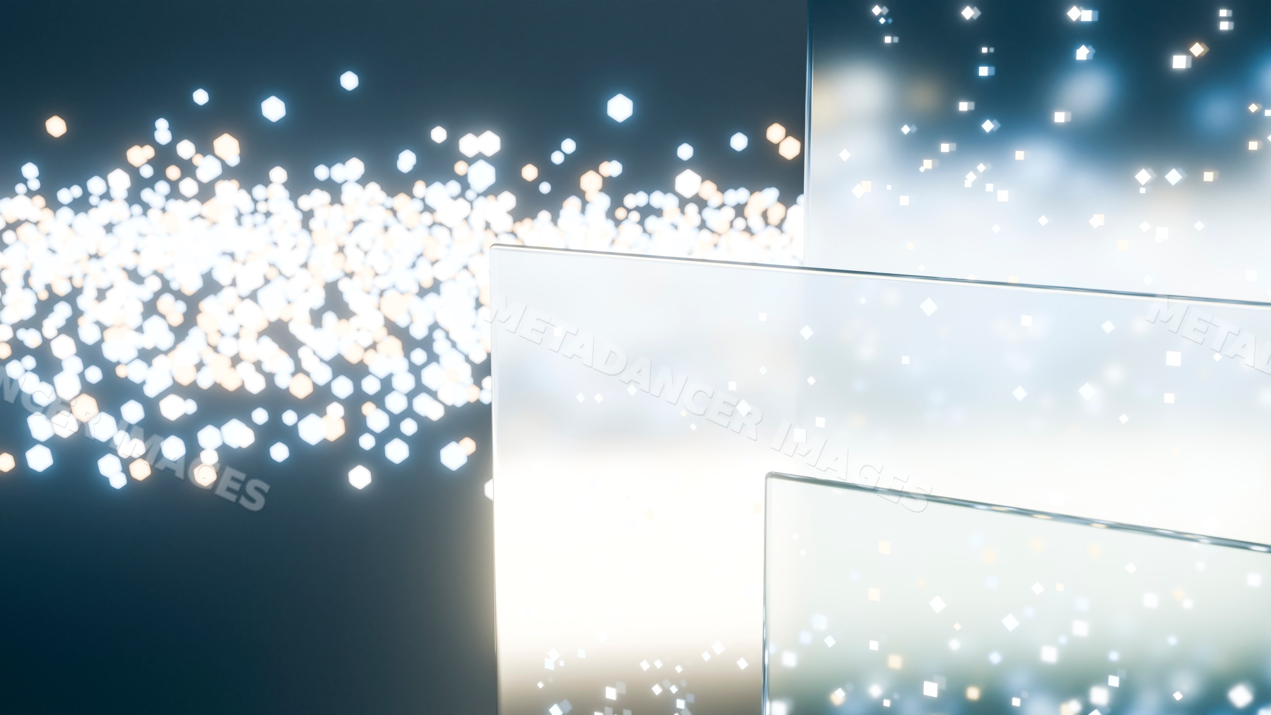 Abstract glowing particles and reflective glass panels digital art