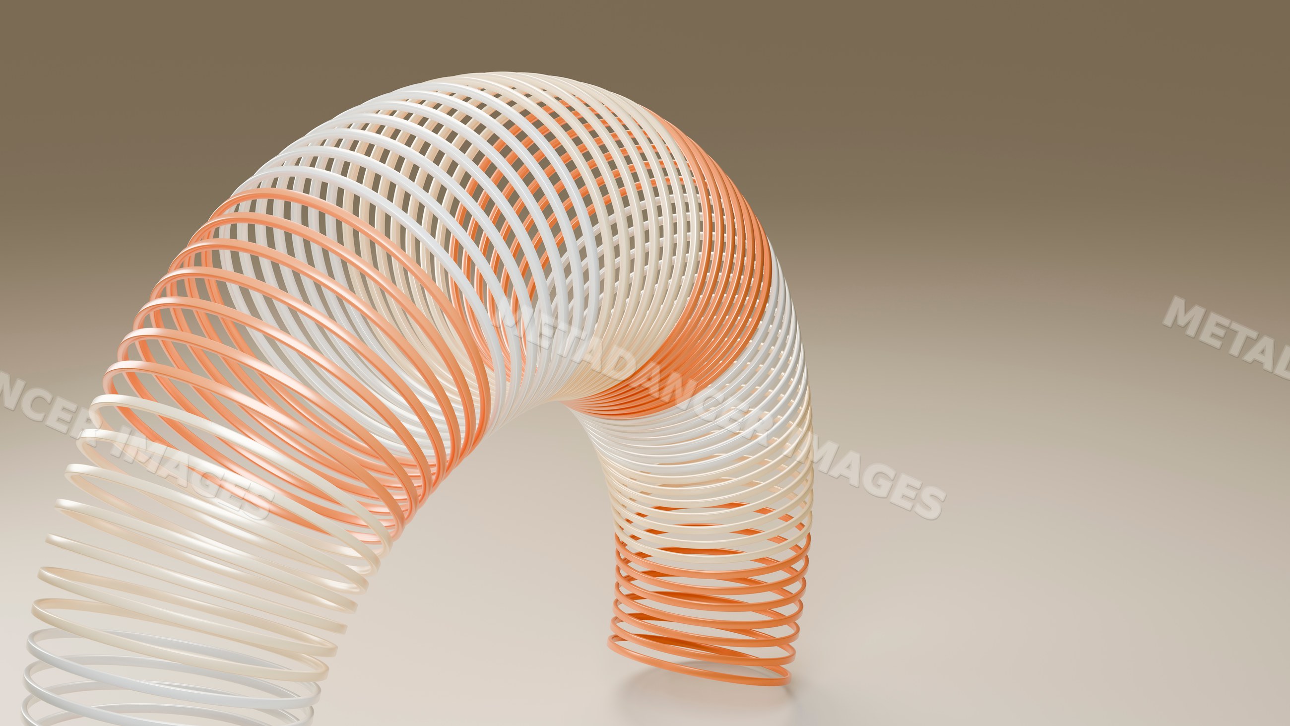 Flexible curved orange and white helical coil isolated