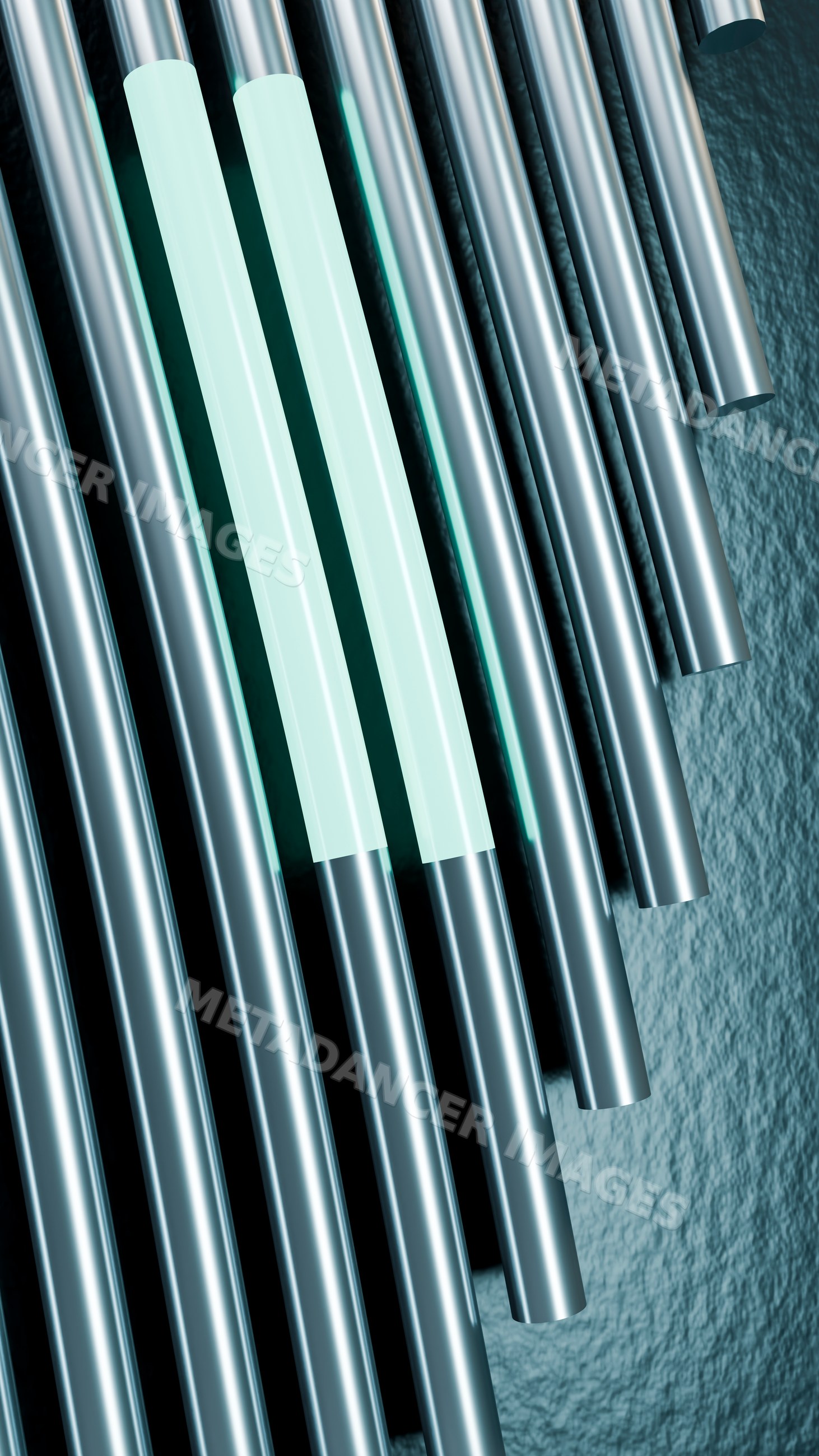 Two highlighted metal pipes among parallel steel tubes