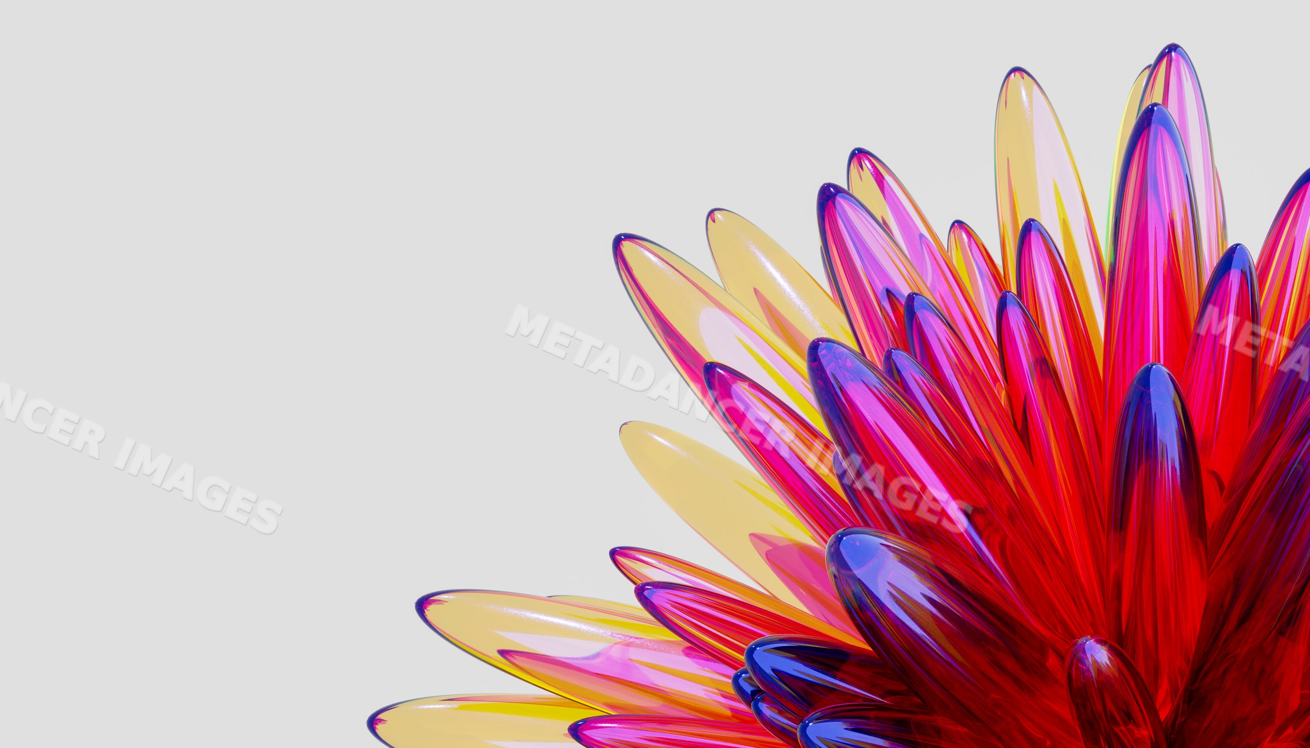 Close-up of a colorful abstract glass petal sculpture with bright