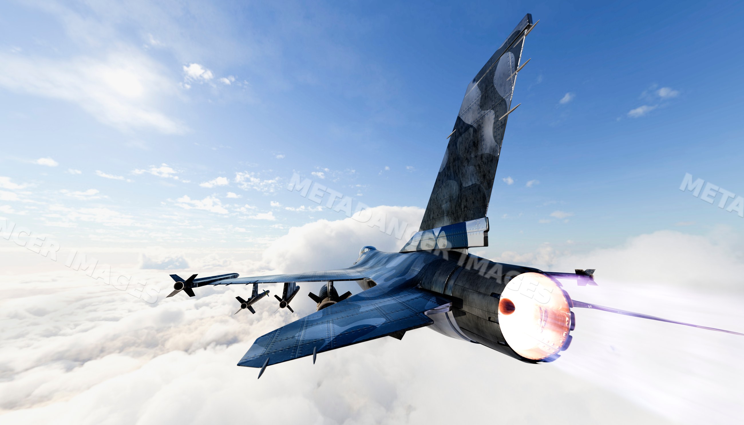 A military fighter jet flies above the clouds with afterburner