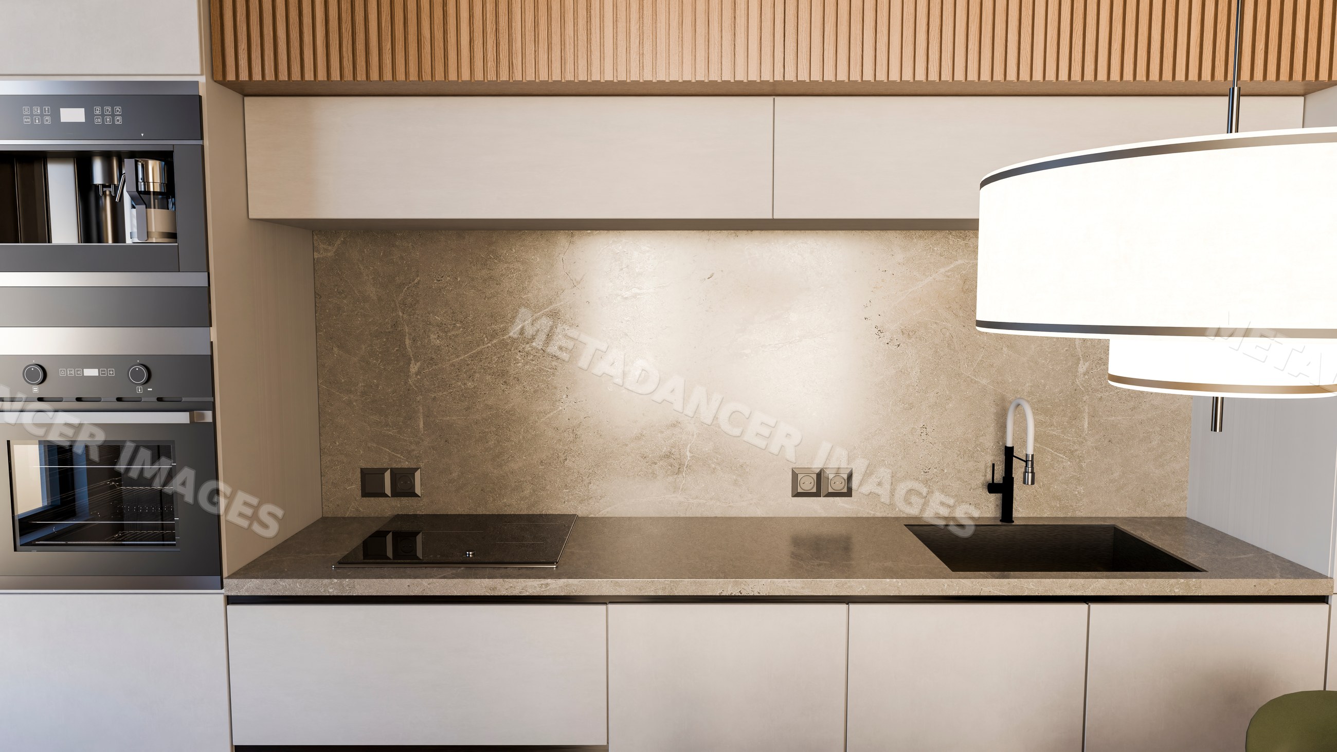 Modern kitchen interior with built-in oven and countertop stove