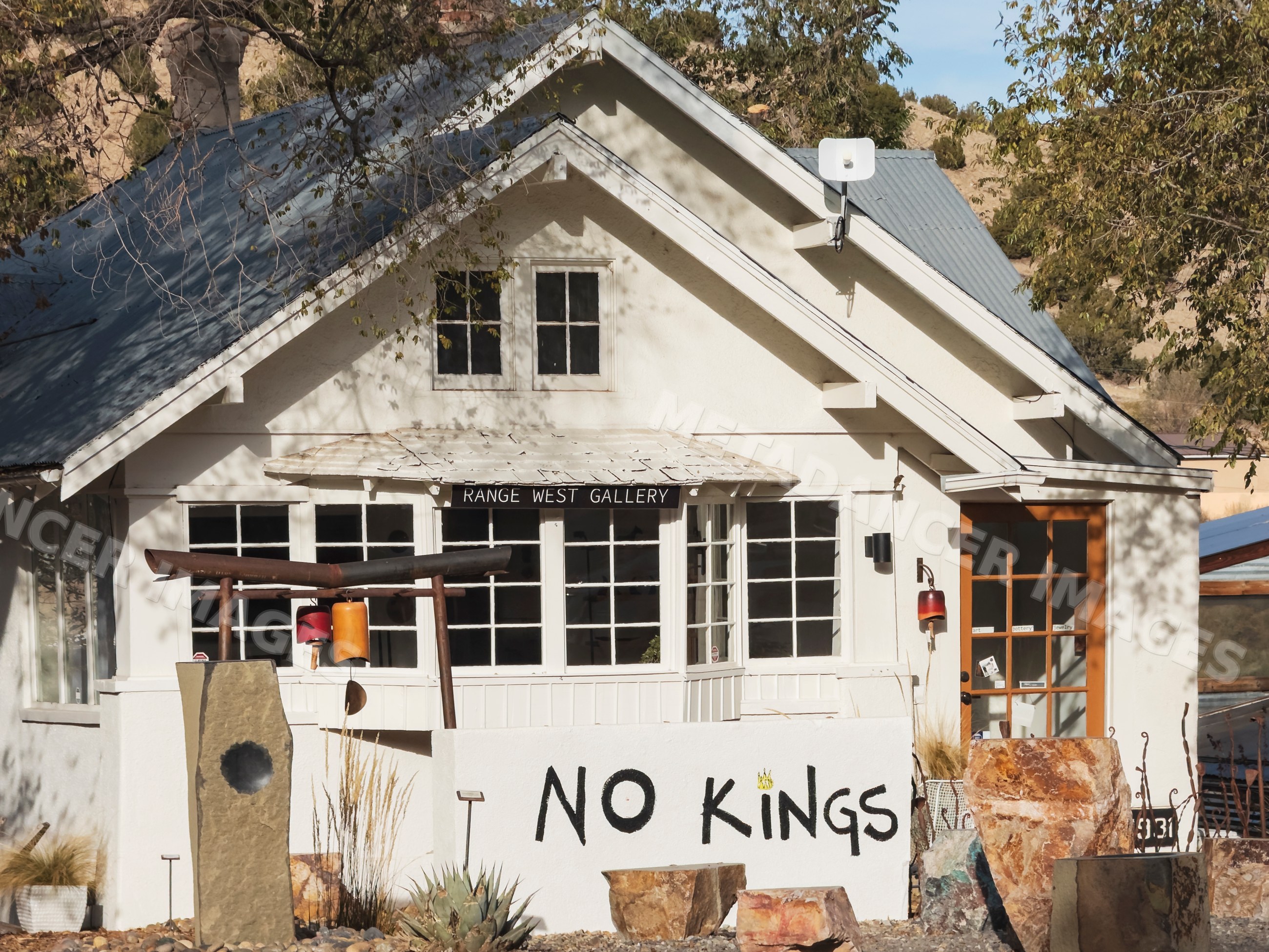 Range west gallery art building with rock sculptures