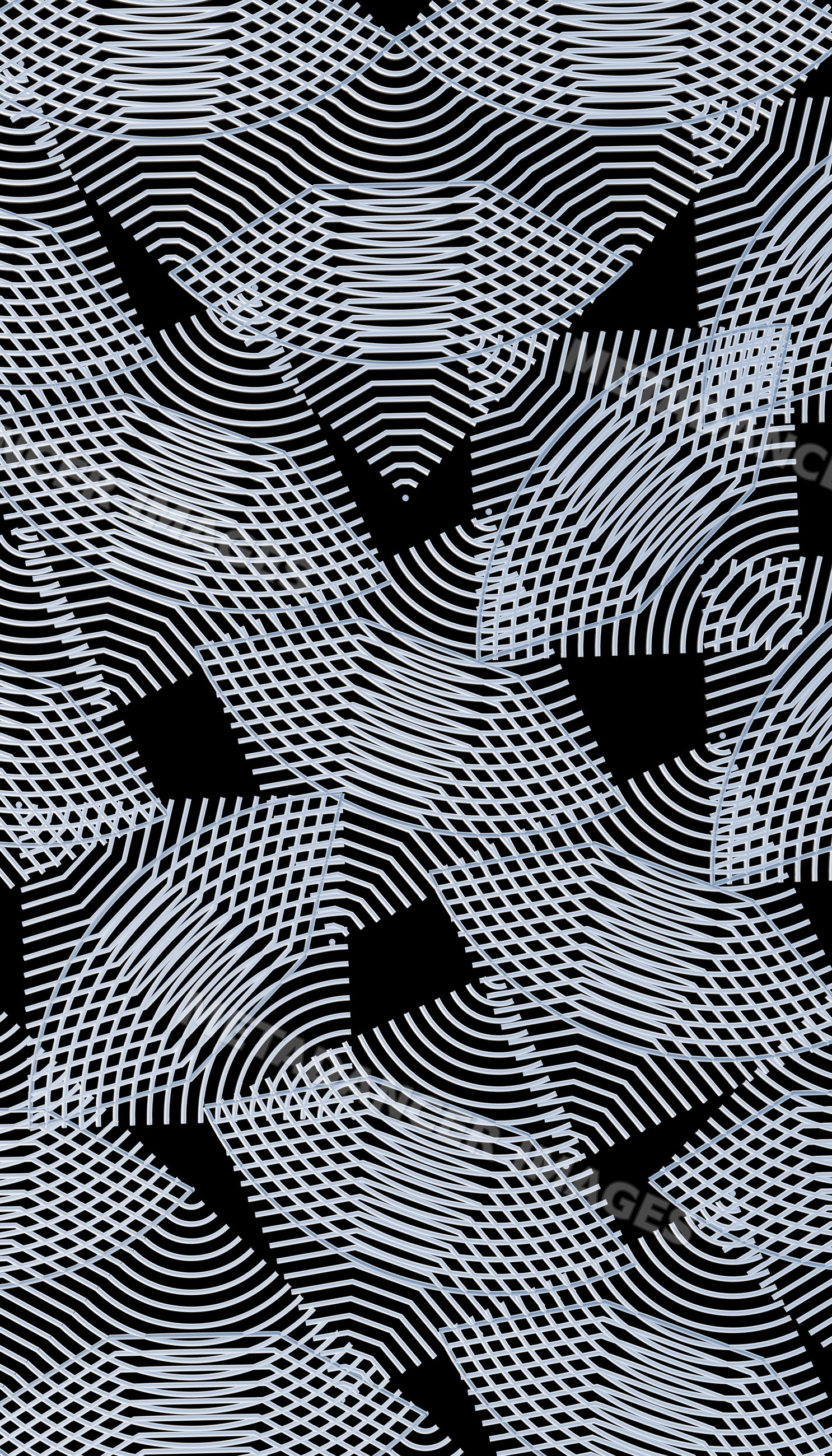 Abstract geometric pattern with overlapping striped shapes on Black
