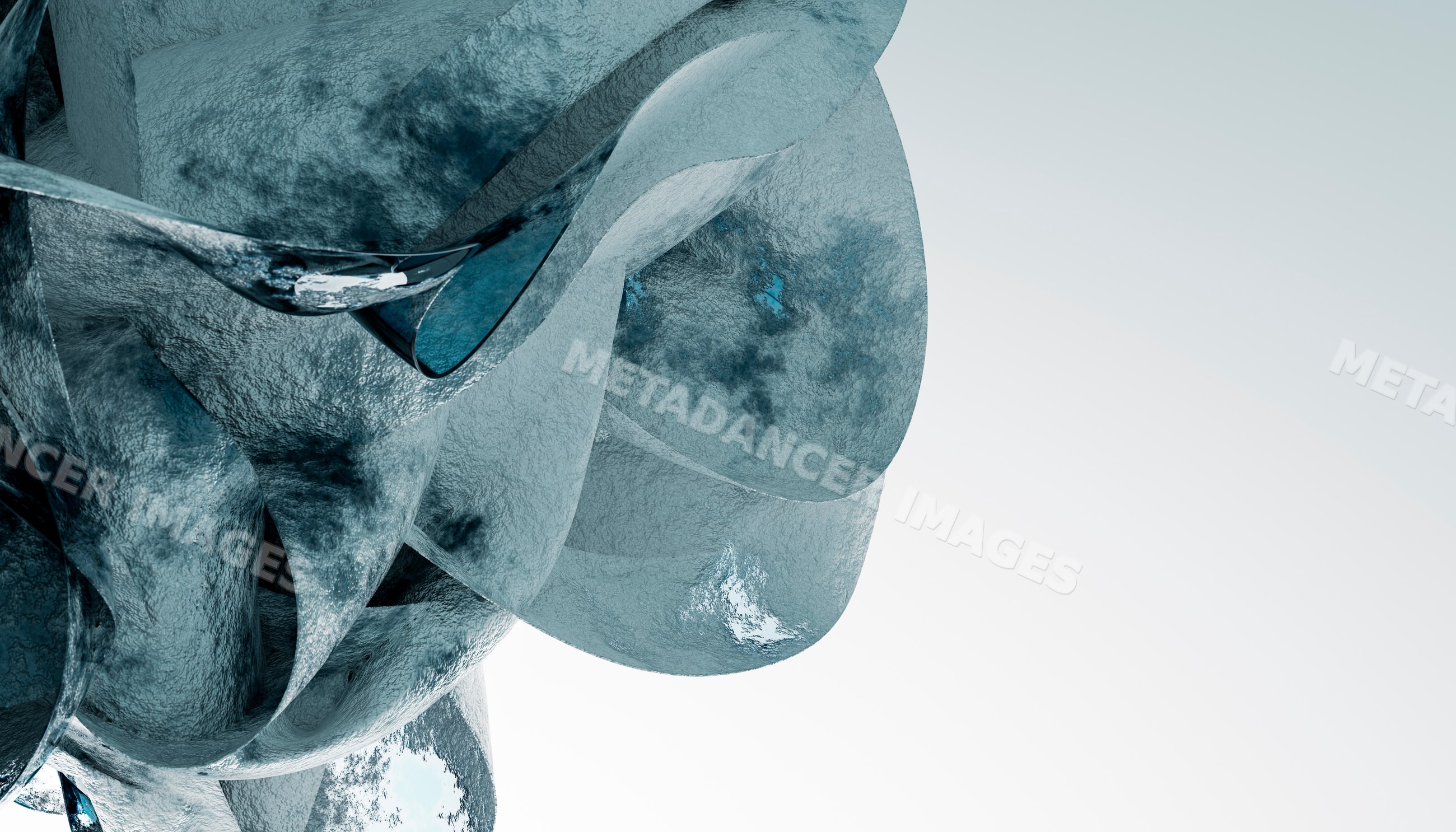 Abstract blue textured metal sculpture with curved shapes