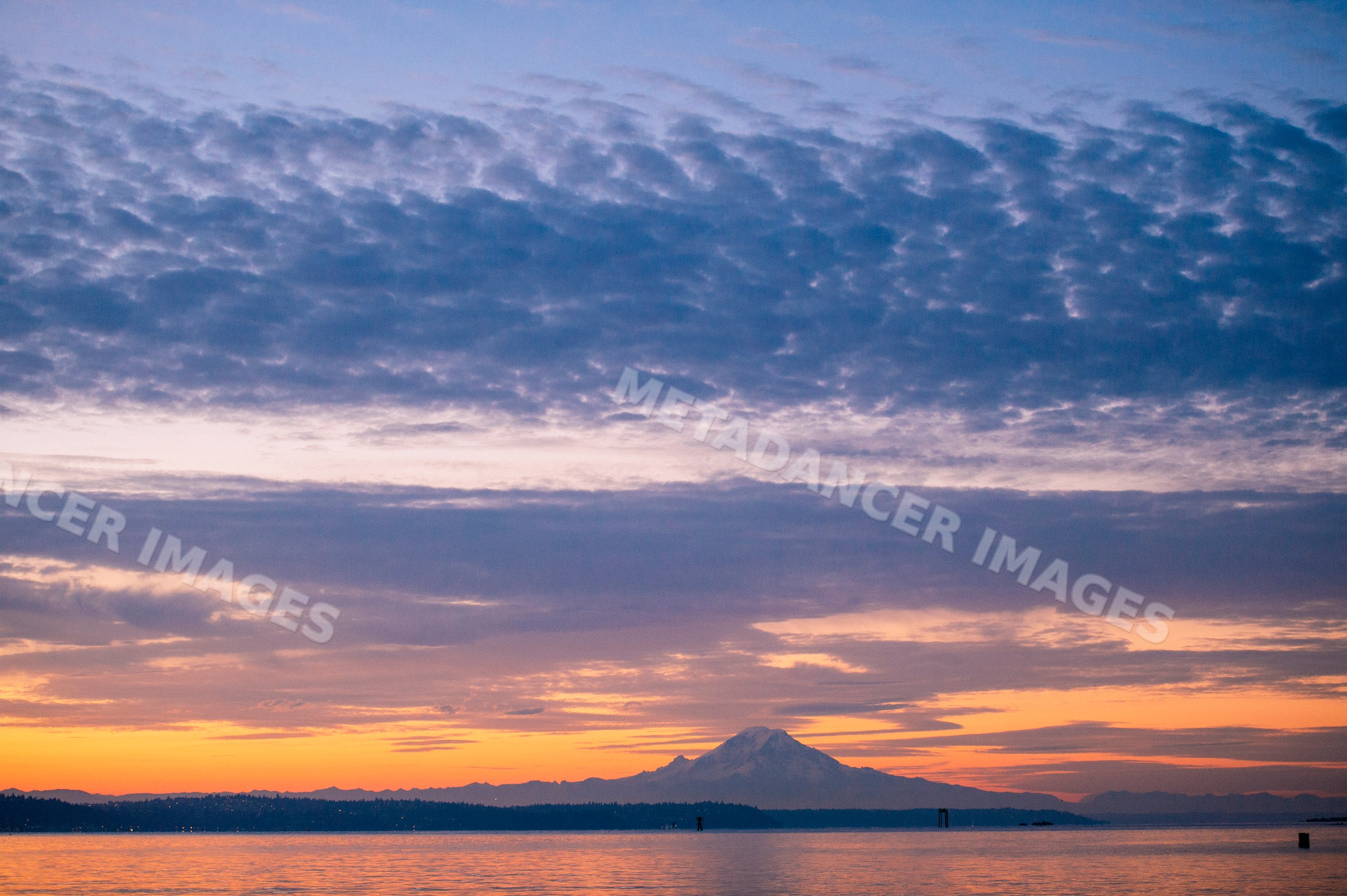 Sunset view of mount rainier from Bainbridge Island waters