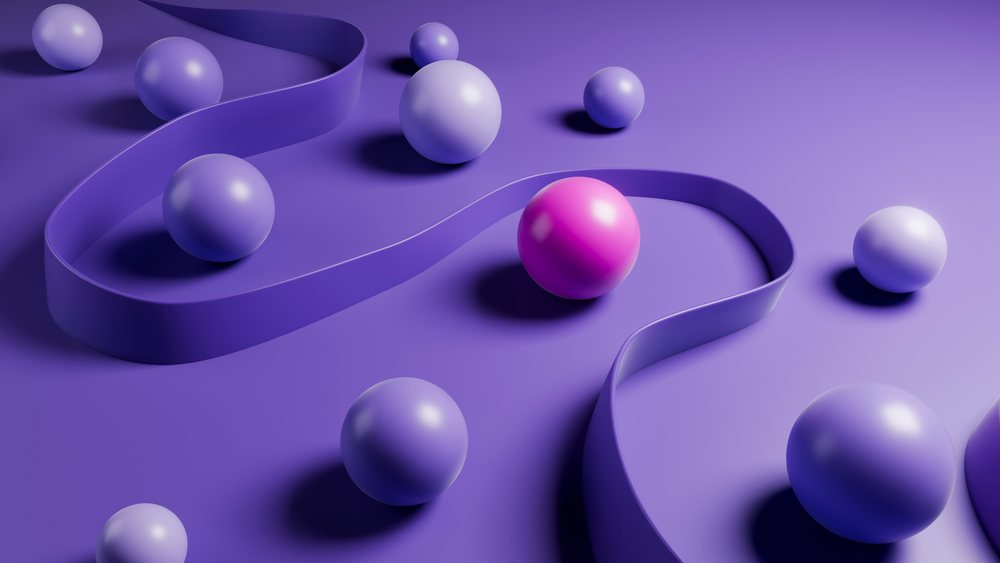 Purple and pink 3d spheres with curved ribbon in abstract digital art