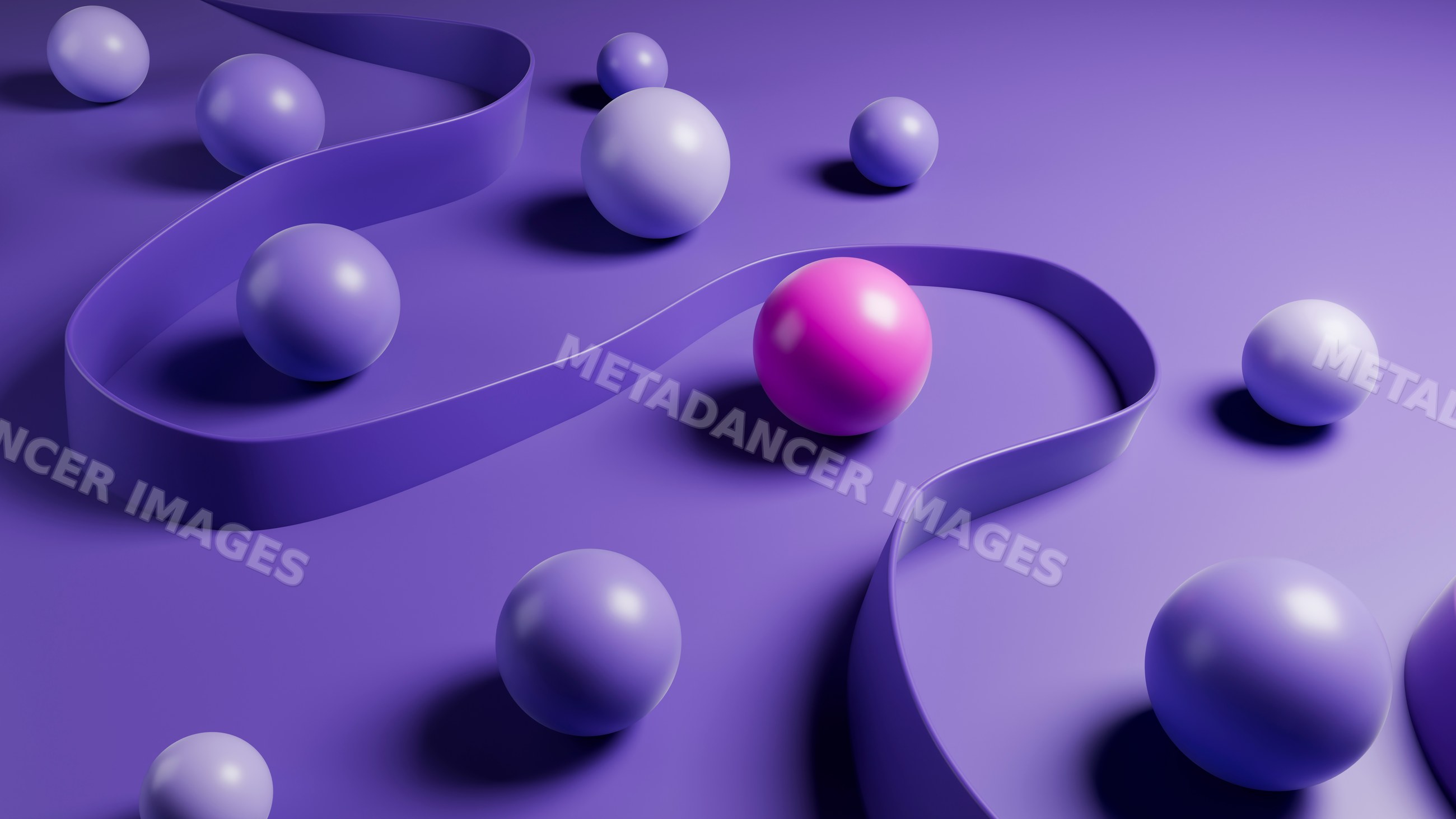 Purple and pink 3d spheres with curved ribbon in abstract digital art