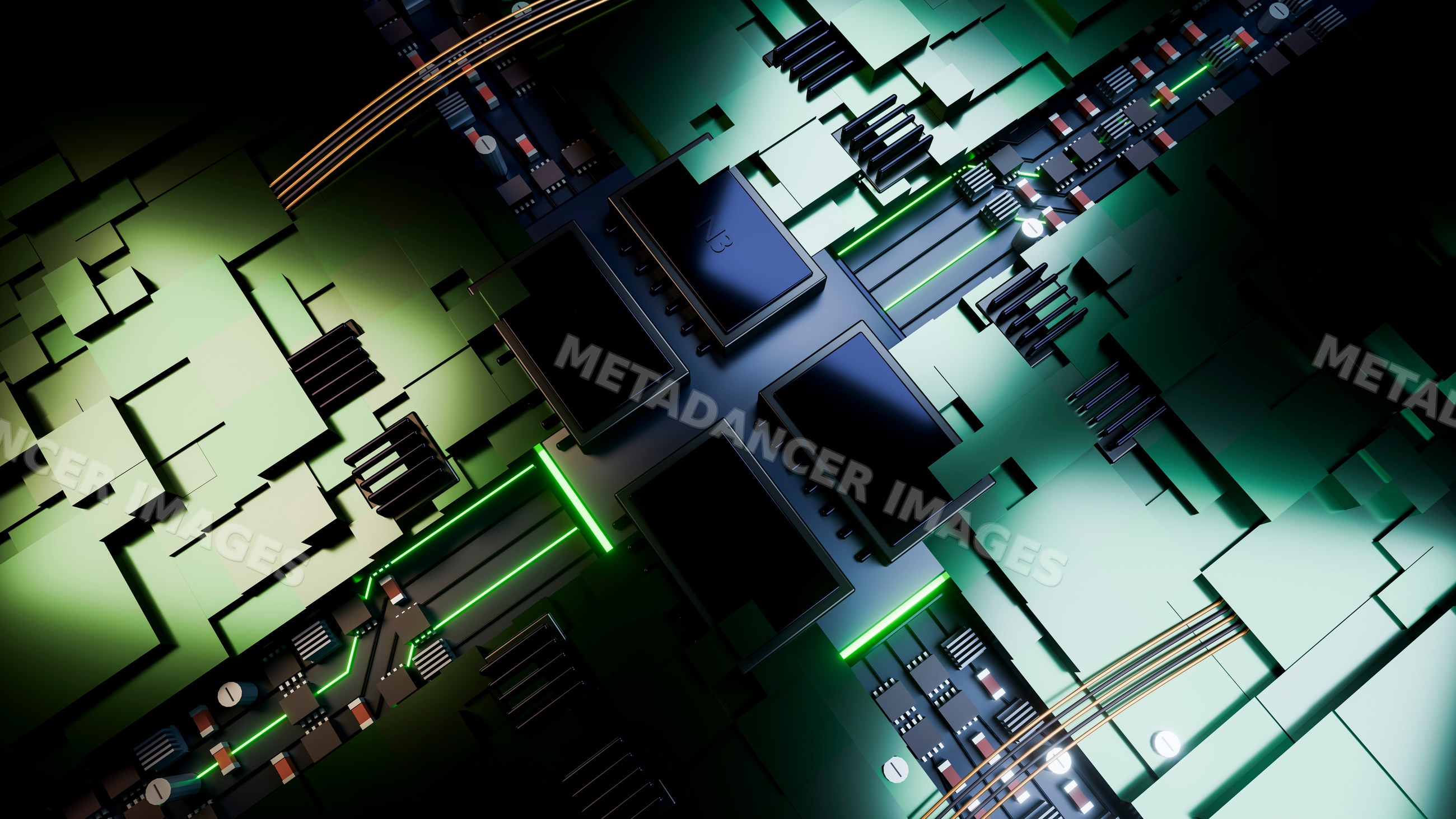 Closeup of computer chip on circuit board with green lighting