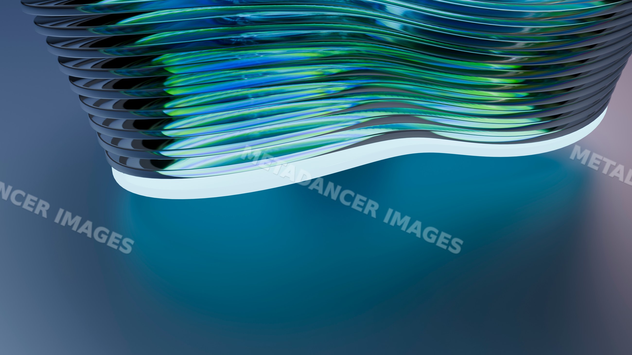 Abstract layered 3d shape with blue-green curved waves and reflective