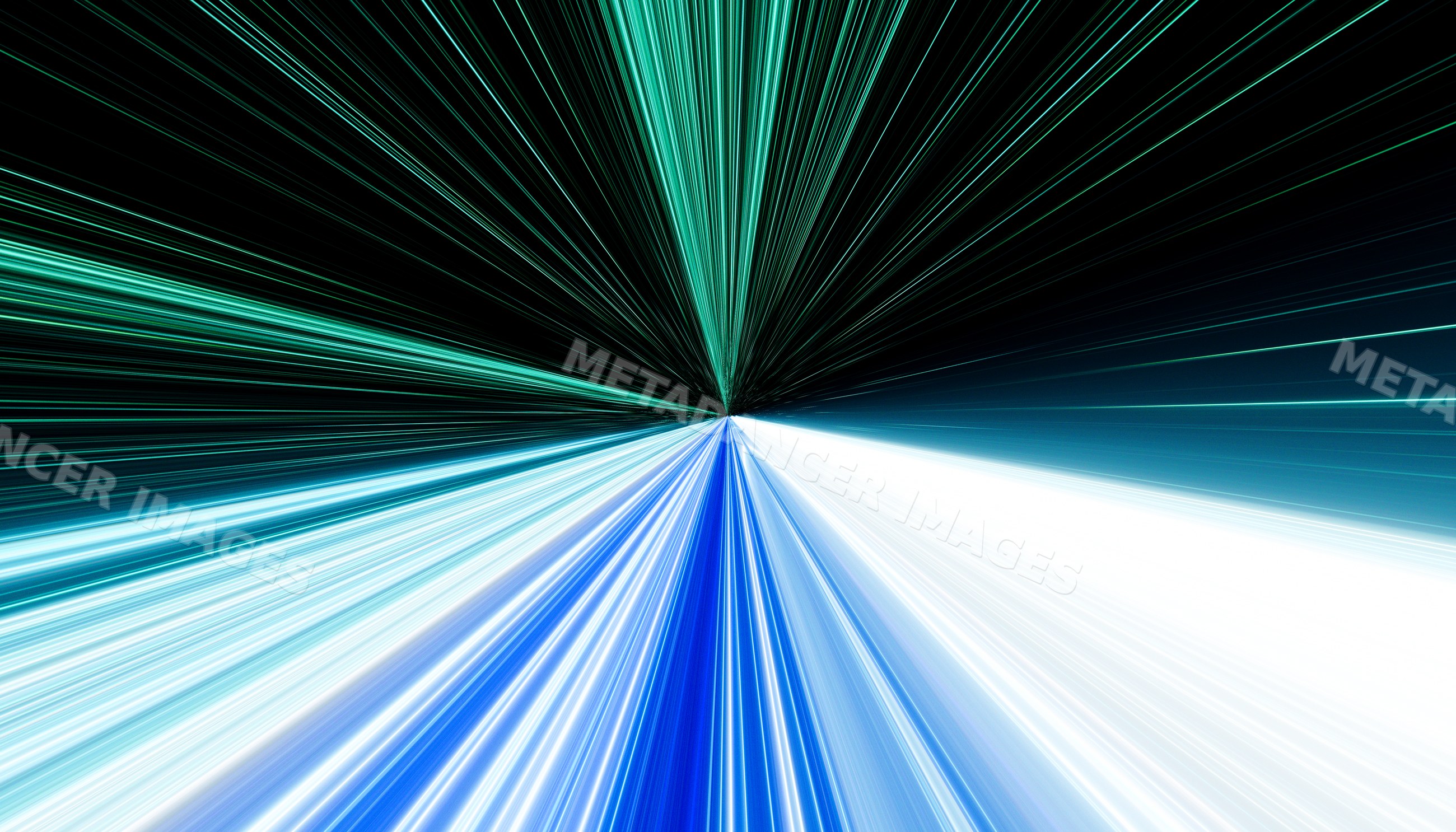 Abstract digital art of radiating blue and white light rays on dark