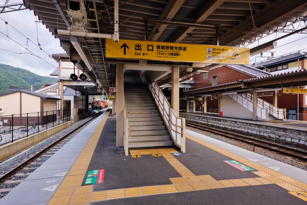 Fushimi station platform and railway tracks in kyoto, honshu, japan