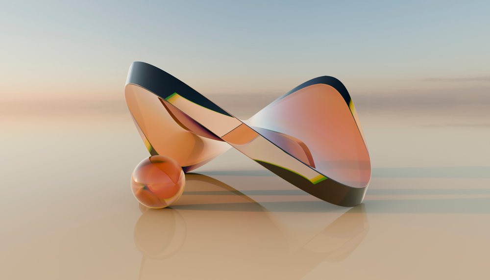 An abstract orange glass sculpture with smooth curves and sphere