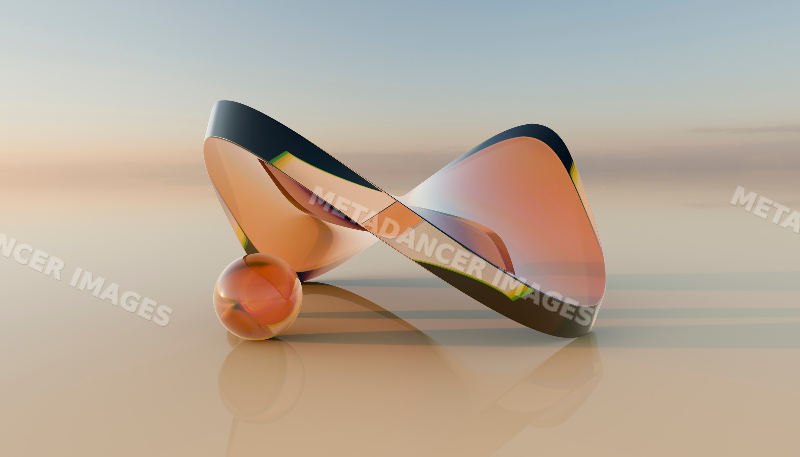 An abstract orange glass sculpture with smooth curves and sphere