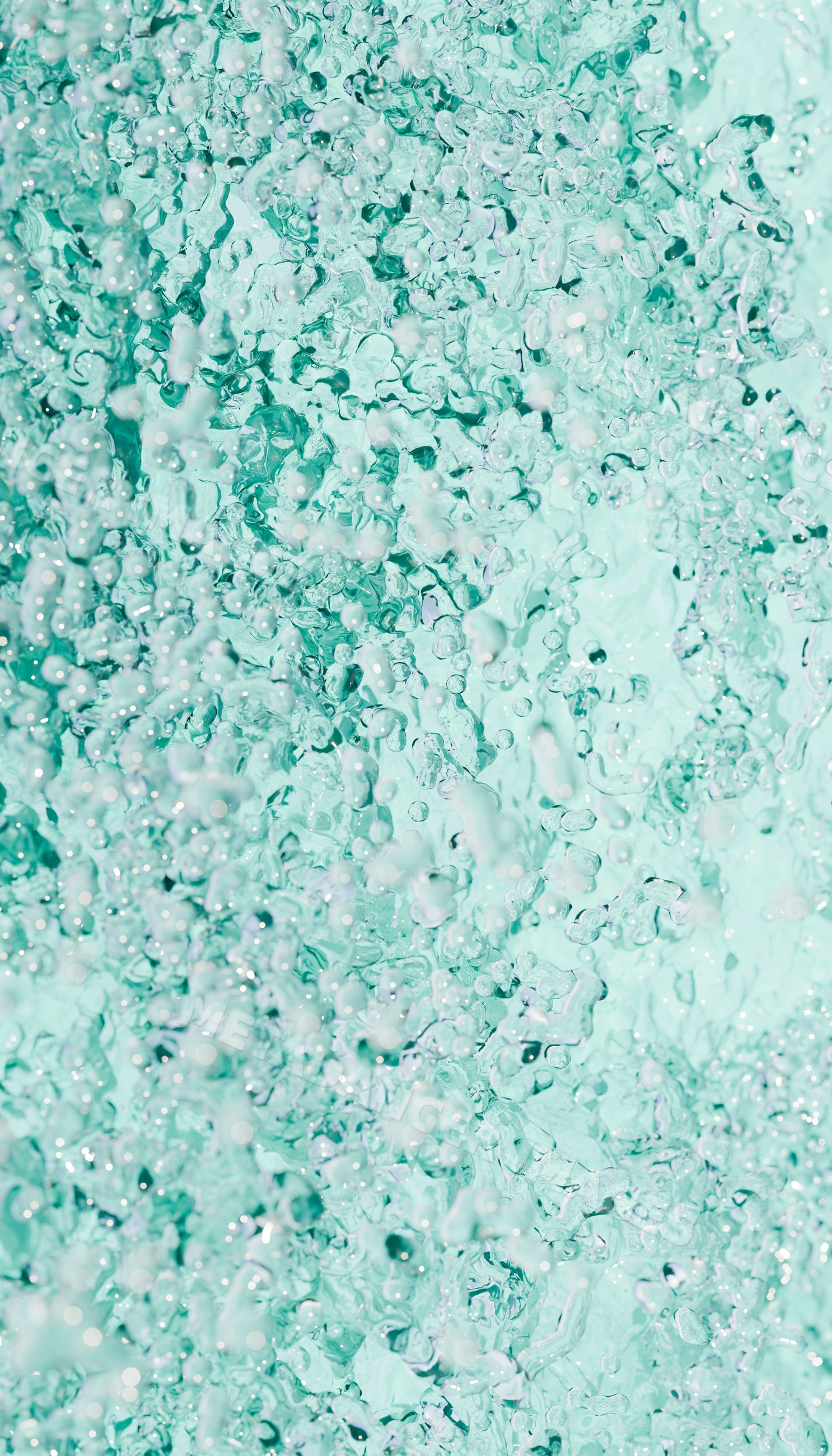Close-up of vibrant aqua blue water splash with bubbles in motion
